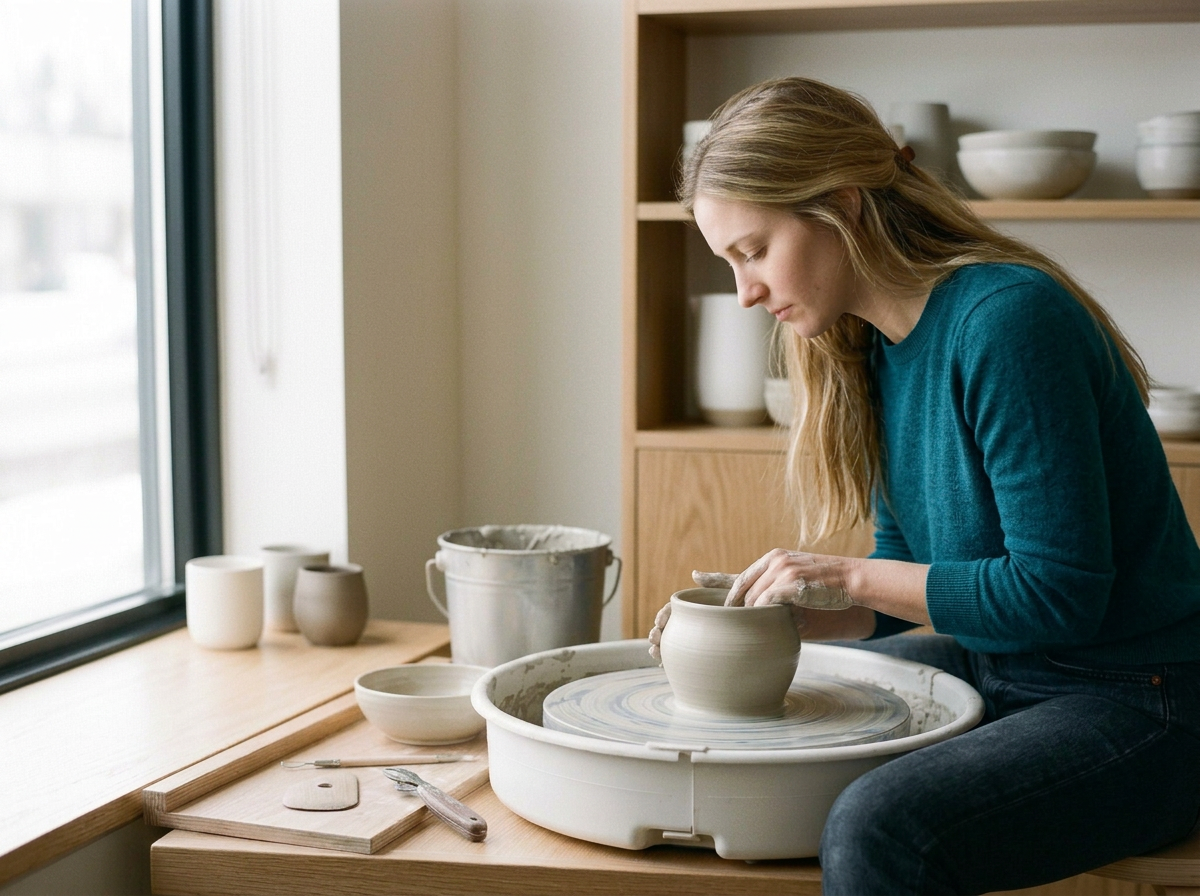 A young woman with long blonde hair wearing a teal long-sleeve shirt and gloves, shaping a clay pot on a pottery wheel in a pottery studio. There are pottery tools, bowls, and a bucket on the wooden table next to her, with shelves of bowls in the background and a window letting in natural light.