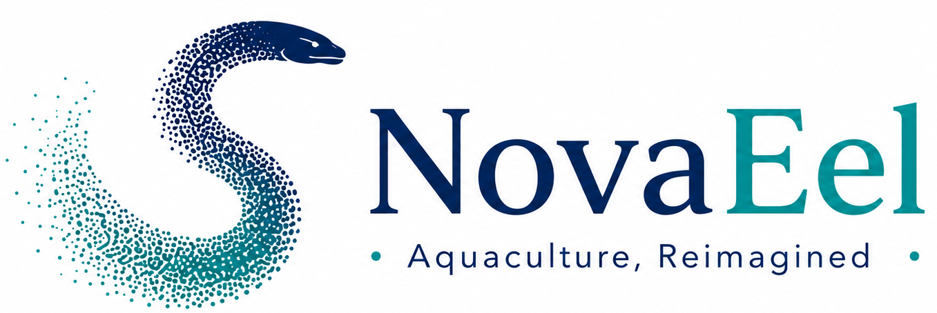 Logo for NovaEel featuring a stylized eel made of dot patterns with the words 'NovaEel' and the tagline 'Aquaculture, Reimagined'