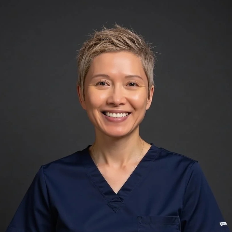 A smiling woman with short blonde hair, wearing navy blue scrubs, against a dark gray background.