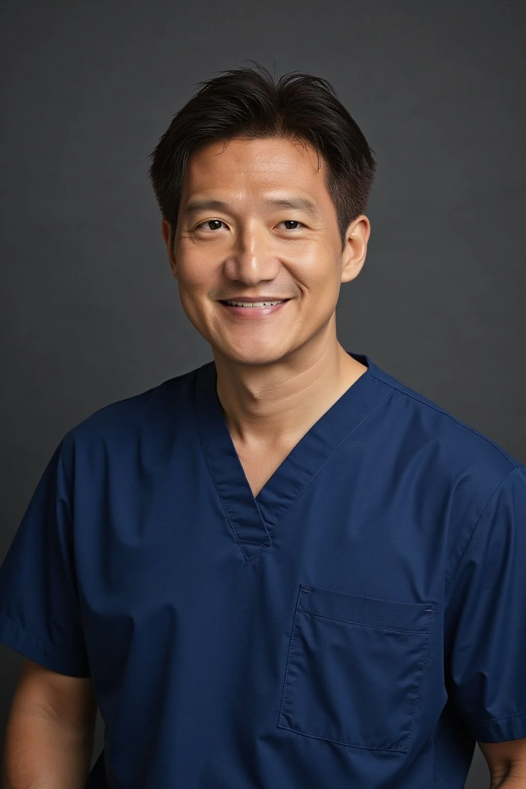 A man wearing navy medical scrubs, smiling, against a dark gray background.