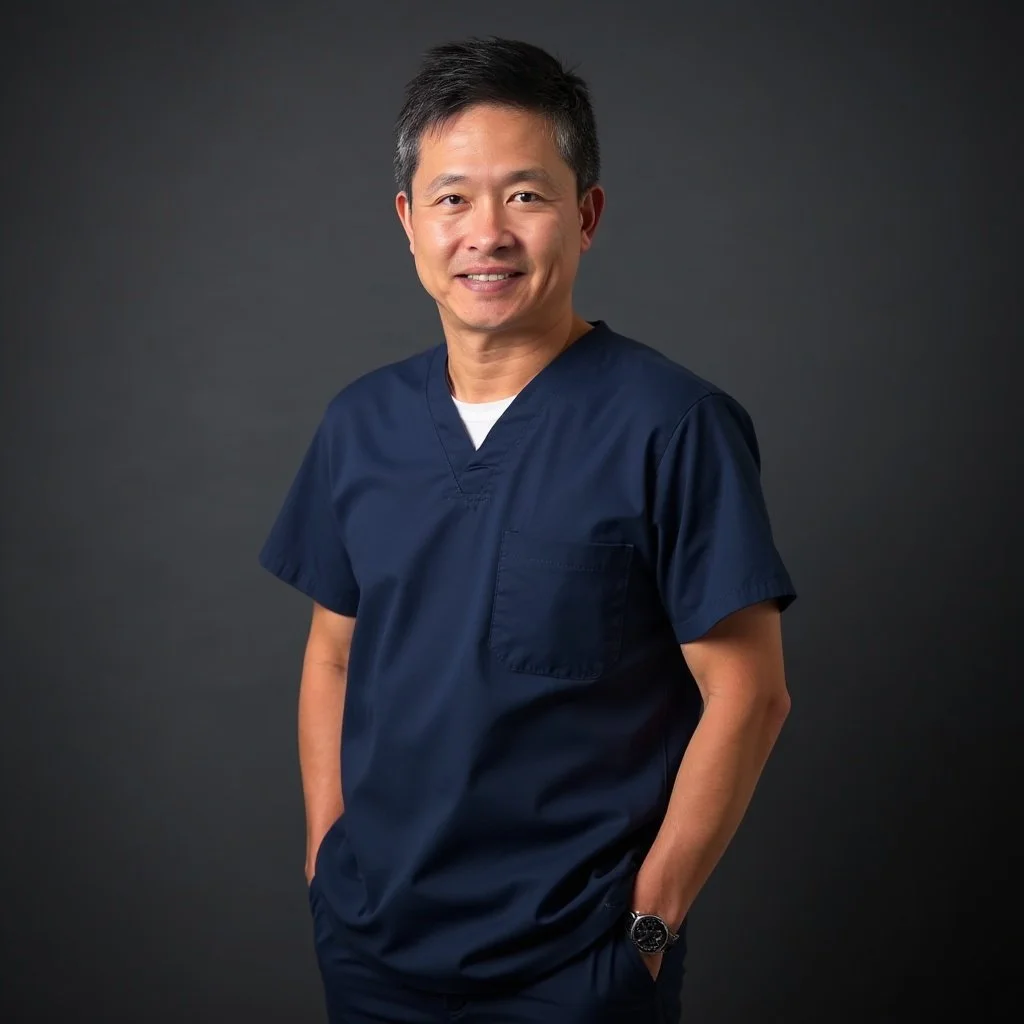A man in navy blue scrubs with his hands in his pockets, smiling, against a dark gray background.