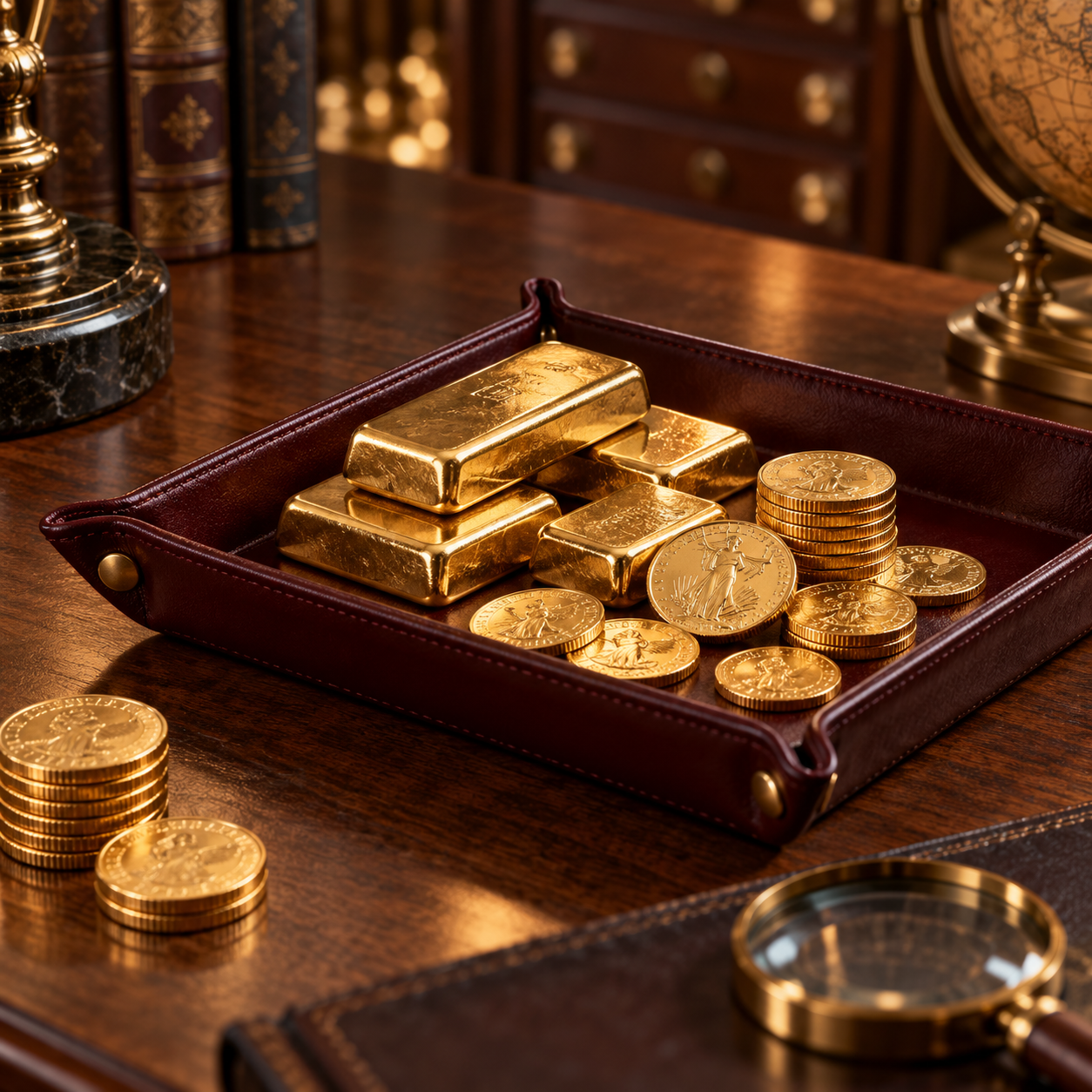 Illustrative gold coins and bullion bars in a burgundy leather display tray.