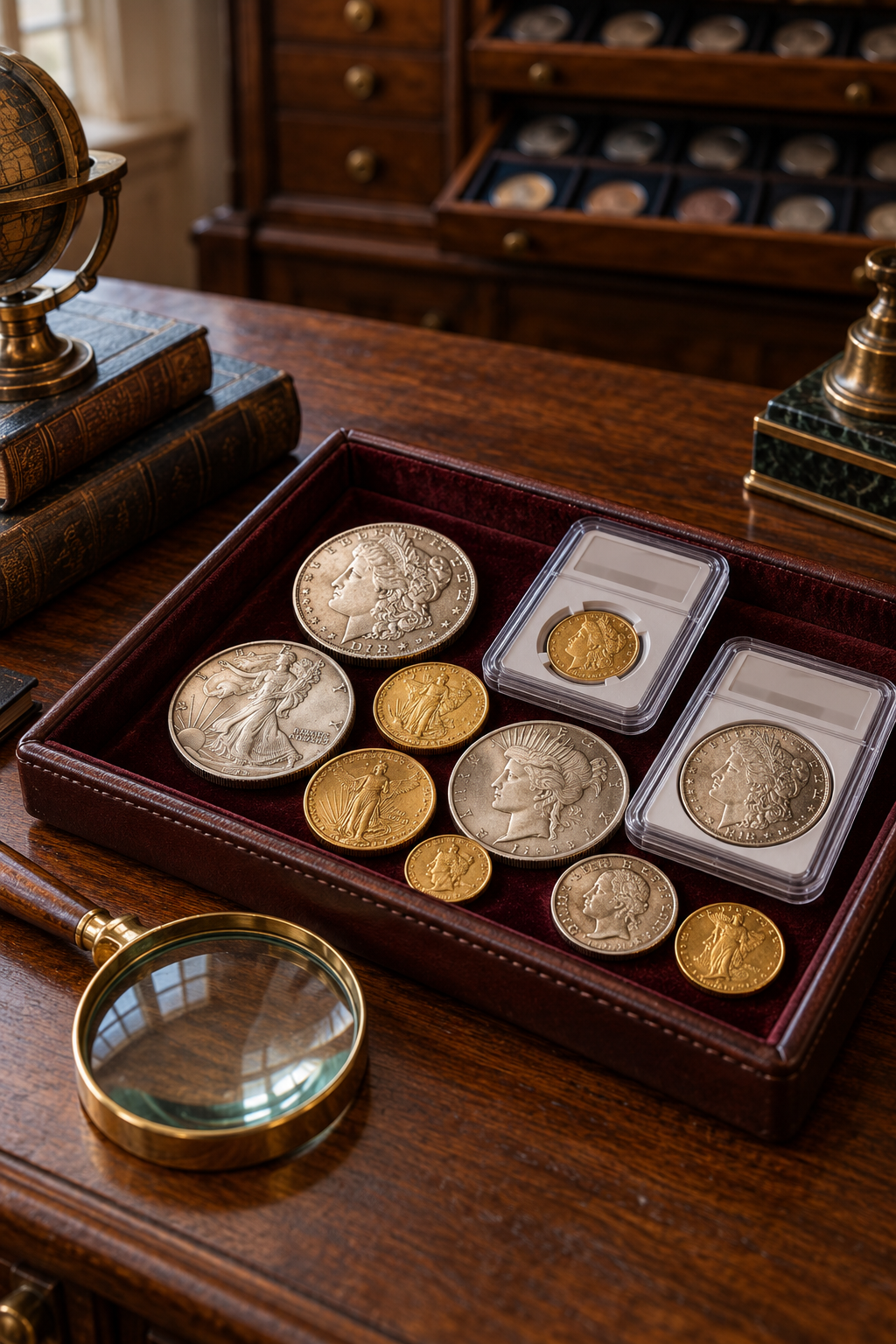 Illustrative silver and gold coin display on a walnut desk at Landmark Collectibles.
