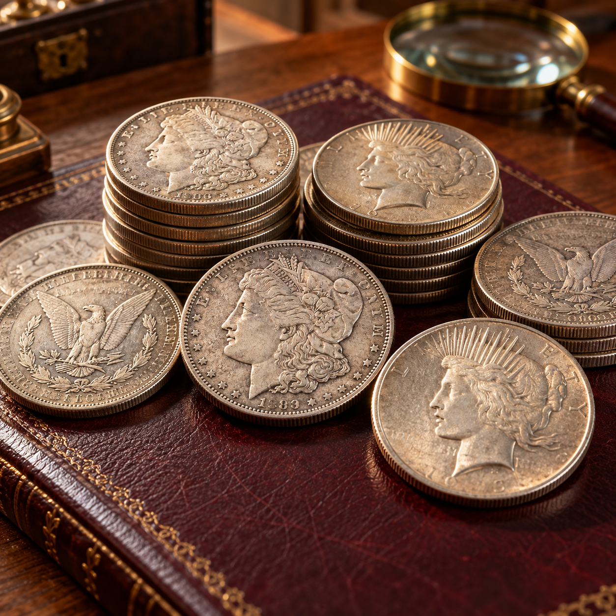 Illustrative silver coin collection displayed on burgundy leather and walnut.
