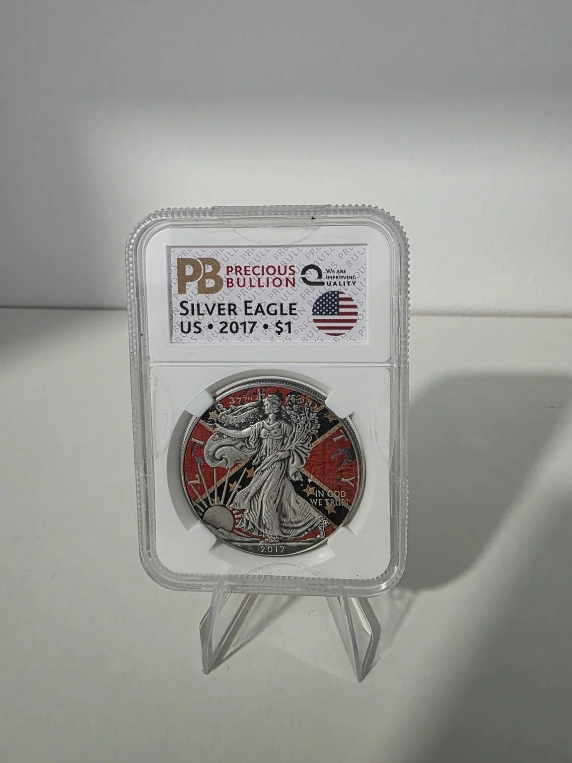 2017 American Silver Eagle — Confederate Flag Antique Finish — Holder 800