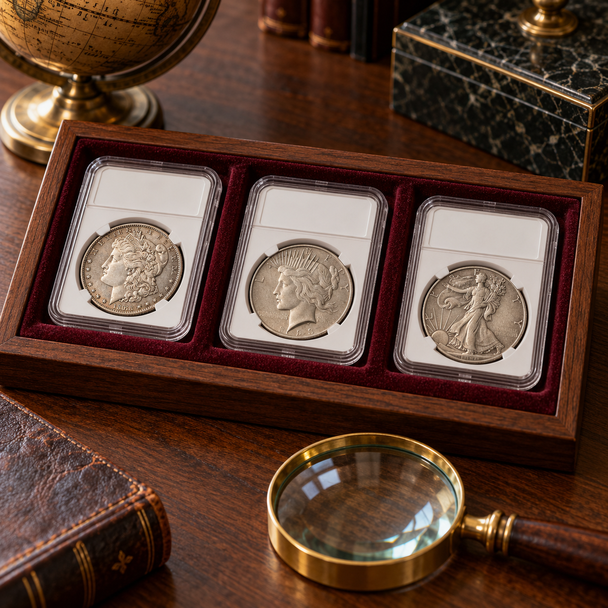 Illustrative encapsulated collectible coins in a walnut display tray.