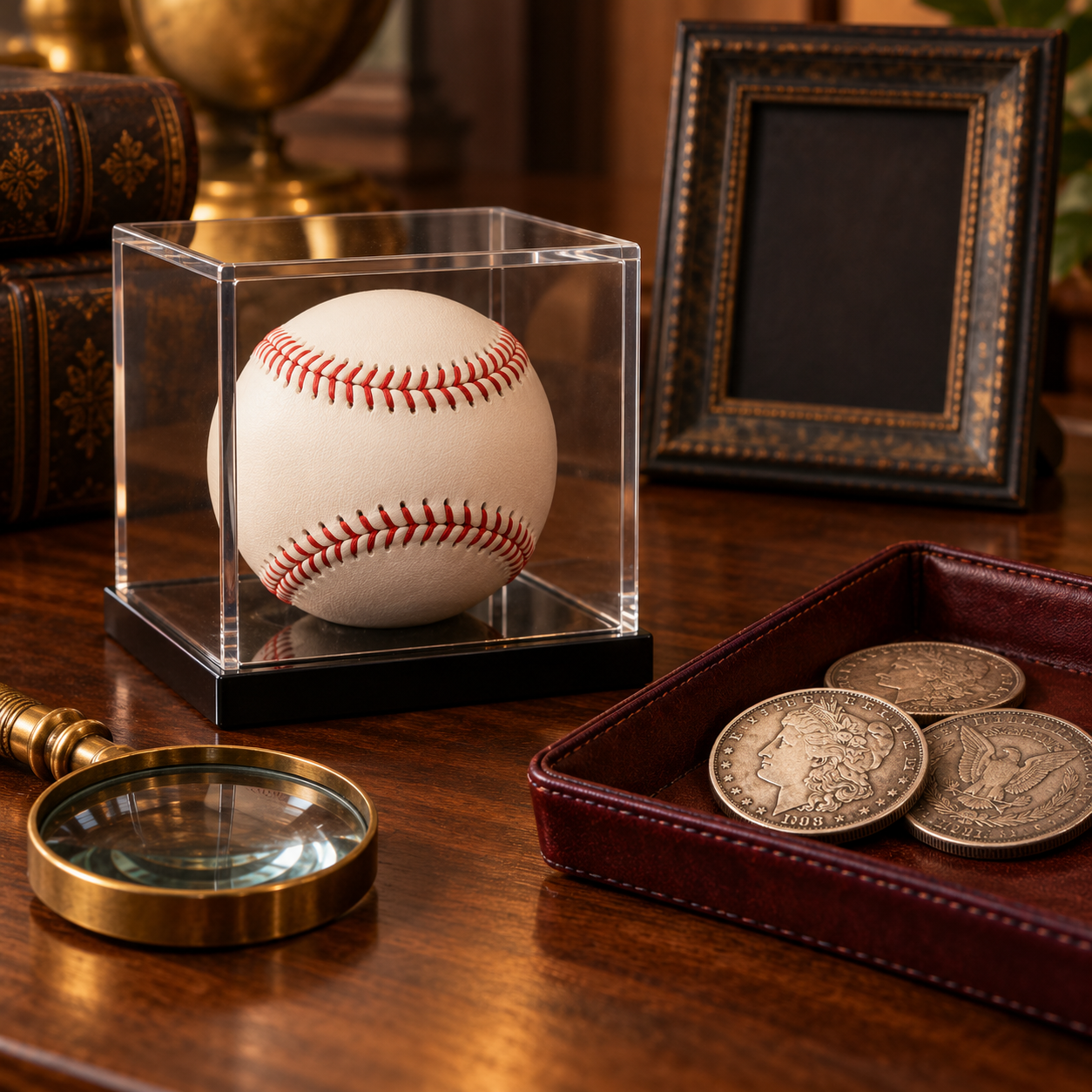 Illustrative baseball display case and collectible coins on a walnut desk.