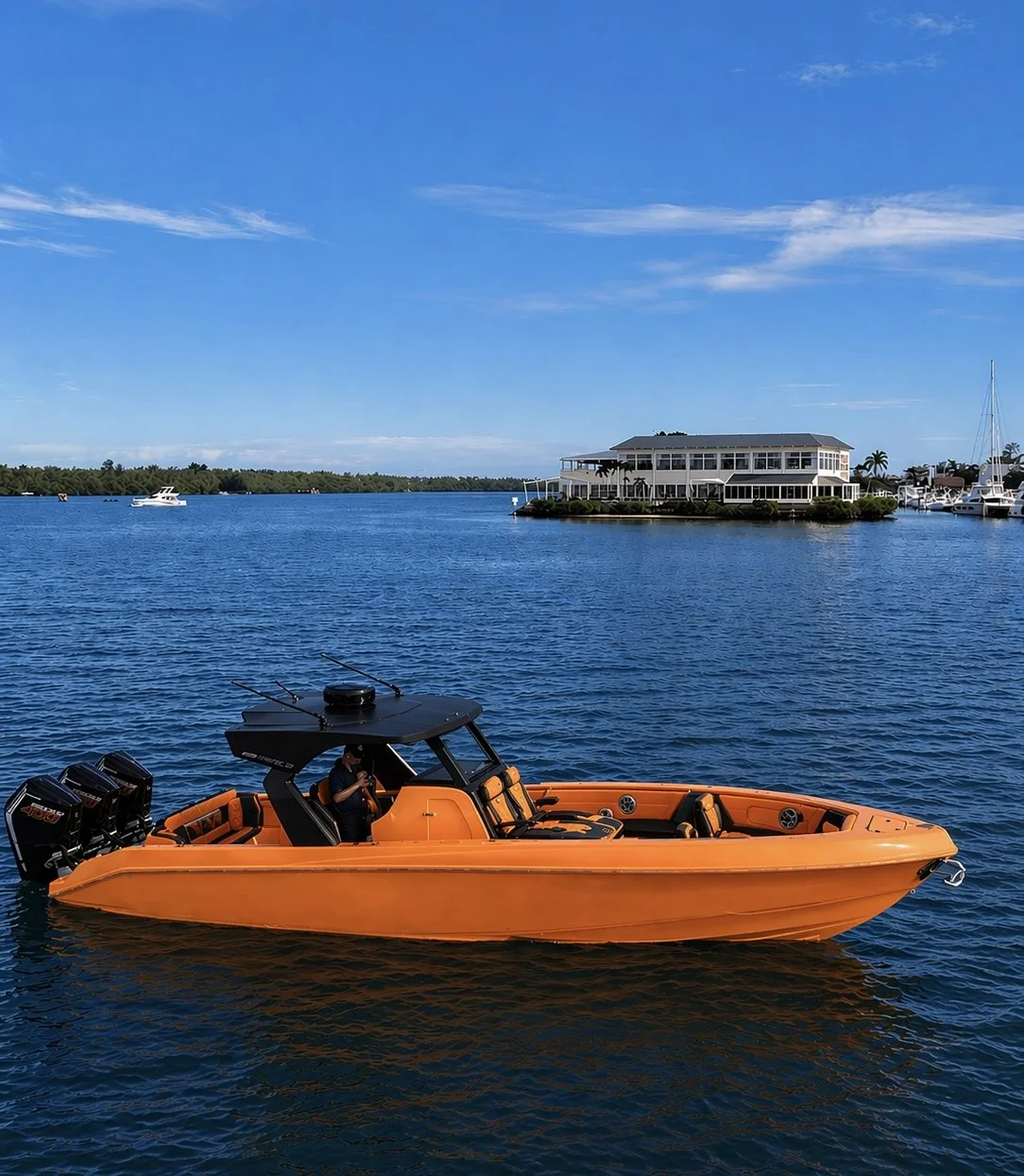 This custom Blue Thunder 36 combines a striking orange finish, refined comfort, and triple Mercury Racing power. Every detail is built to deliver performance, style, and a truly personalized boating experience.