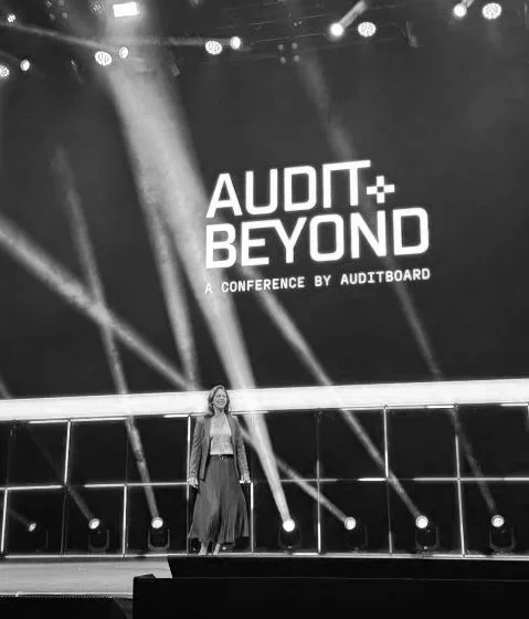 Vidhi Bhansali giving the welcome keynote at Audit + Beyond, AuditBoard's annual conference