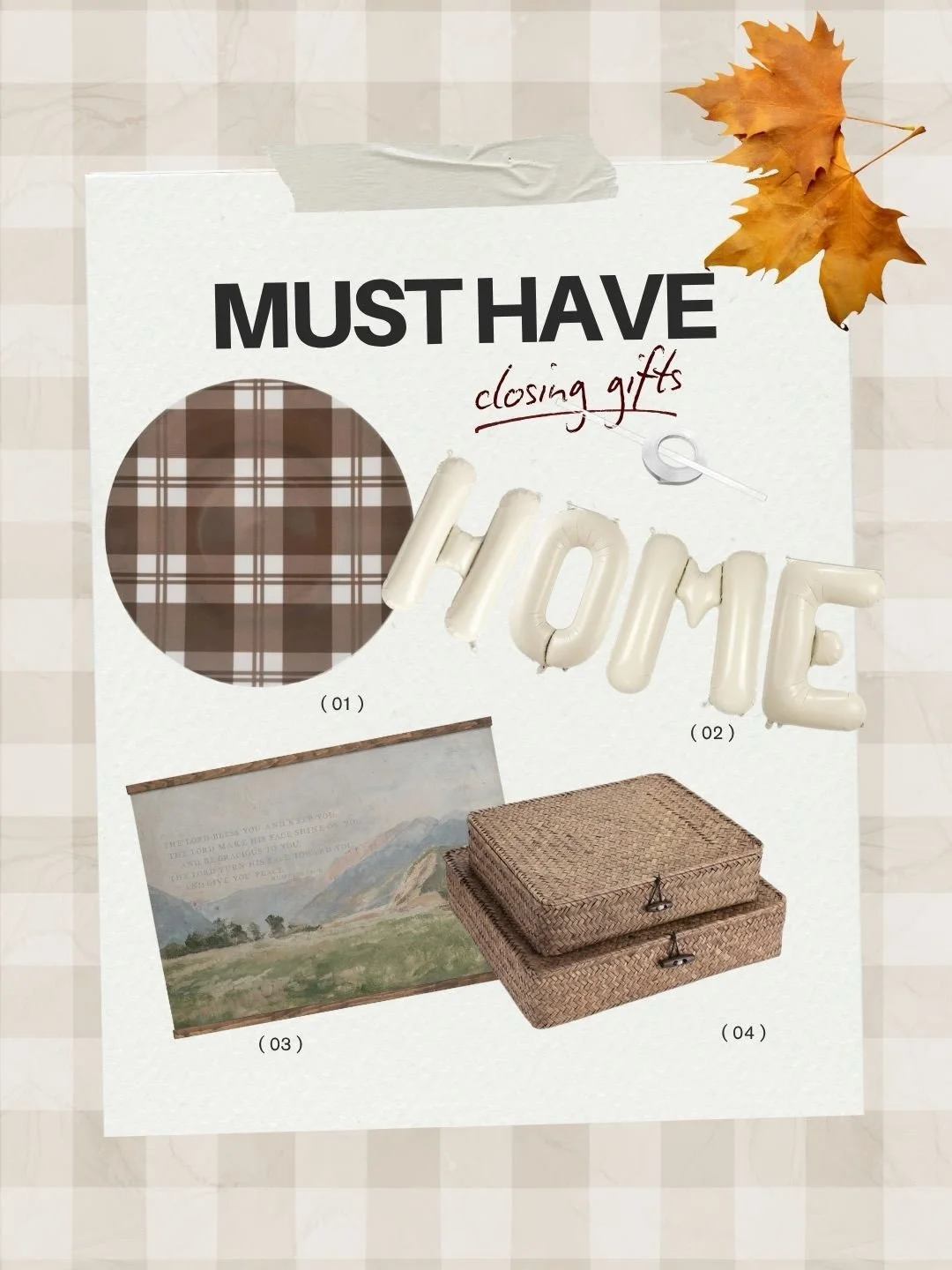 Swipe through to see my favorite fall goodies + closing gifts! 👈  AND get the inside scoop on my new Buyer Baskets 

01 | The cutest plaid plates from Hobby Lobby
02 | 40&rdquo; Beige HOME balloons from Amazon are a STAPLE for my closing days!
 03 |