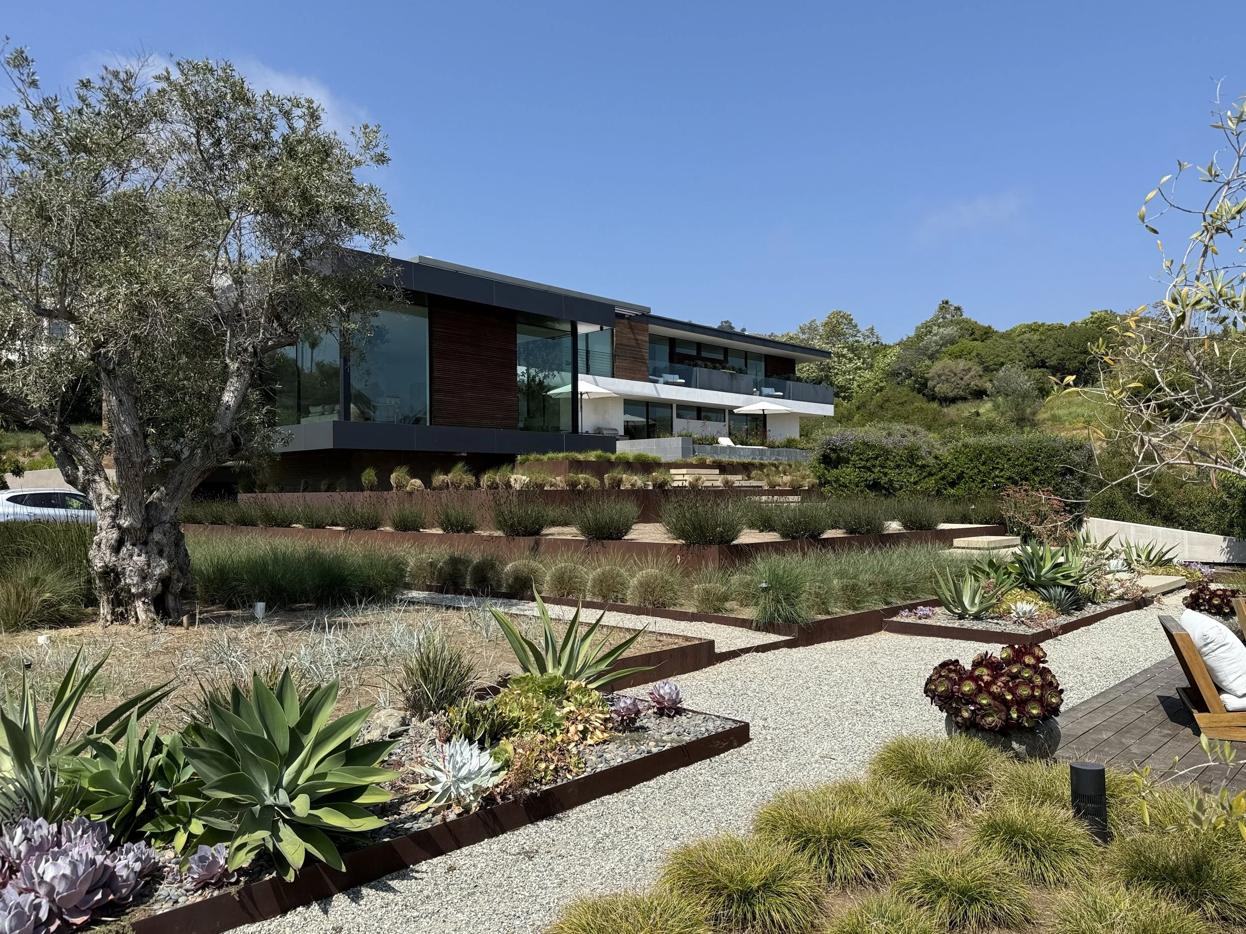Modern house with large glass windows, balcony with outdoor furniture, surrounded by landscaped garden with various plants and trees, under a clear blue sky.