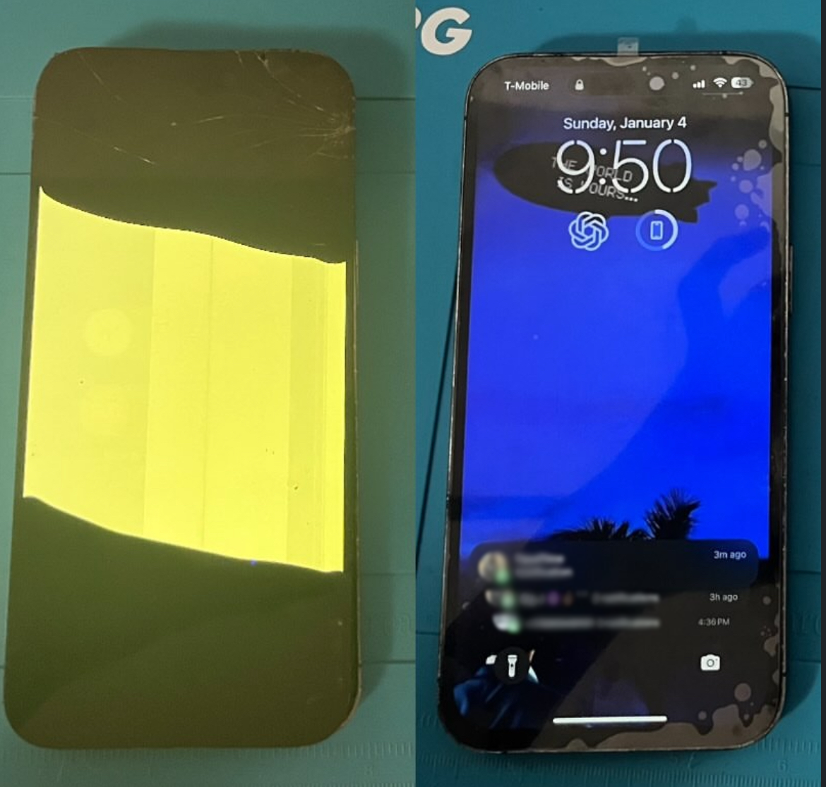 An iPhone with a cracked screen on the left and a functioning iPhone showing a lock screen on the right.