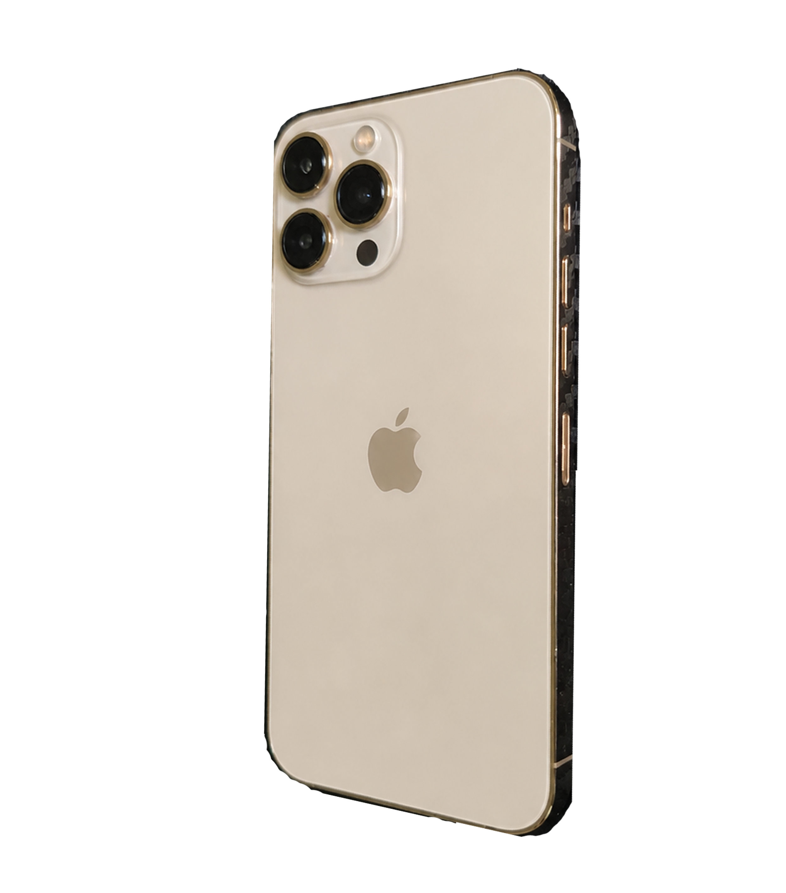 Close-up of the back of a gold iPhone with triple camera lenses and a flash.