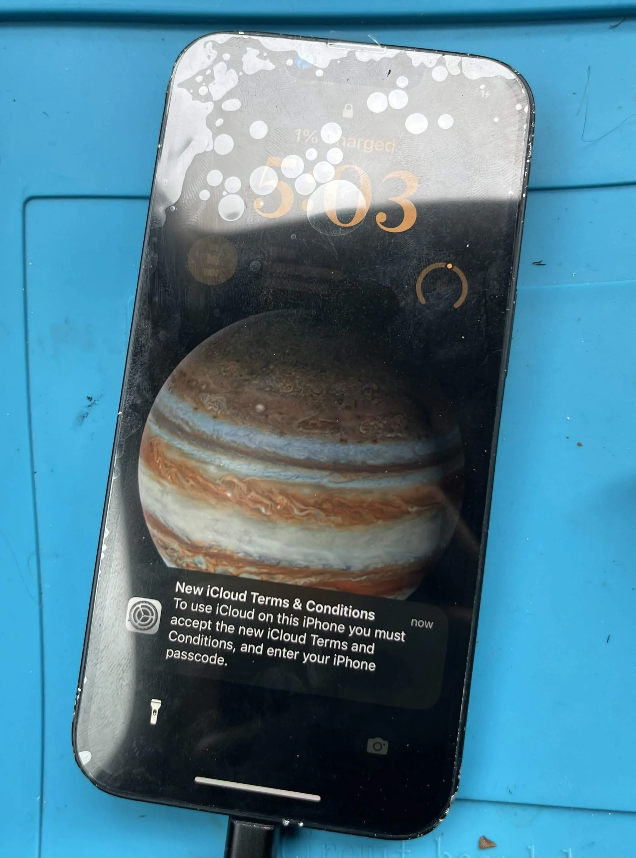 Close-up of an iPhone screen displaying a notification about iCloud Terms & Conditions, with a blue background surface underneath.