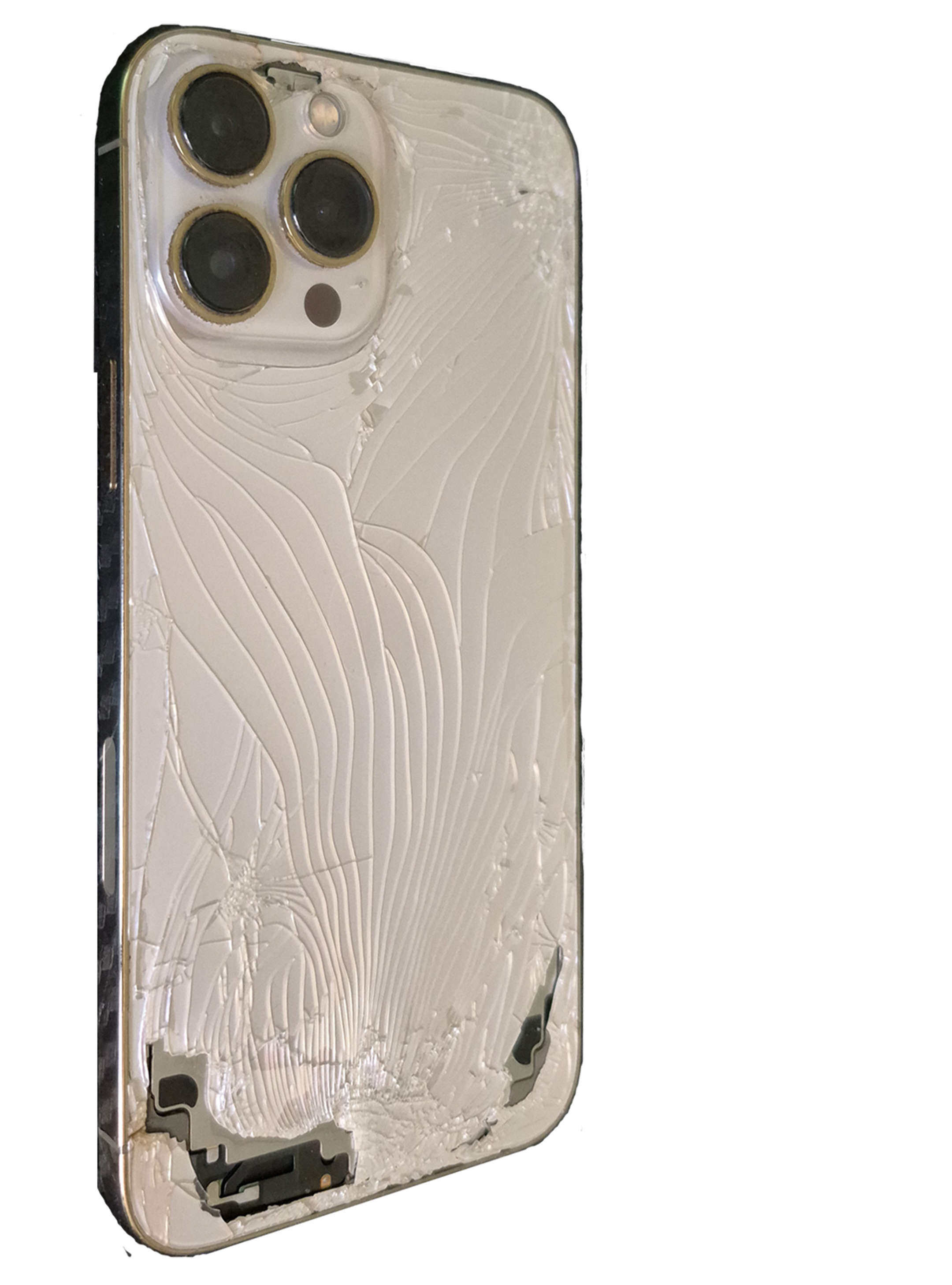 Image of a mobile phone with a shattered and cracked back panel, with a marble or textured white design.