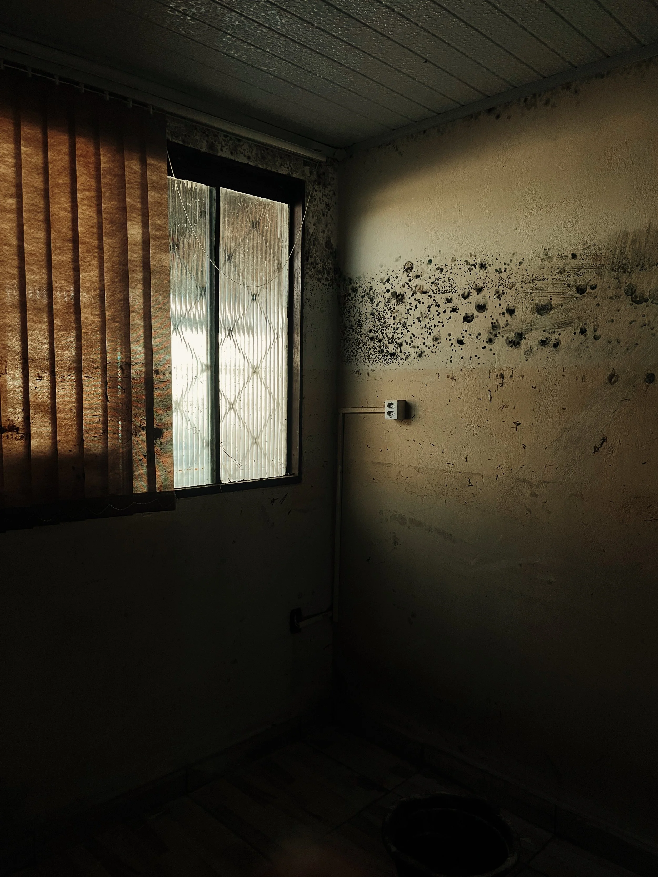 Dimly lit room with a window partially covered by vertical blinds. The wall has dark mold or dirt stains. There is a power outlet on the wall and a bucket on the floor.