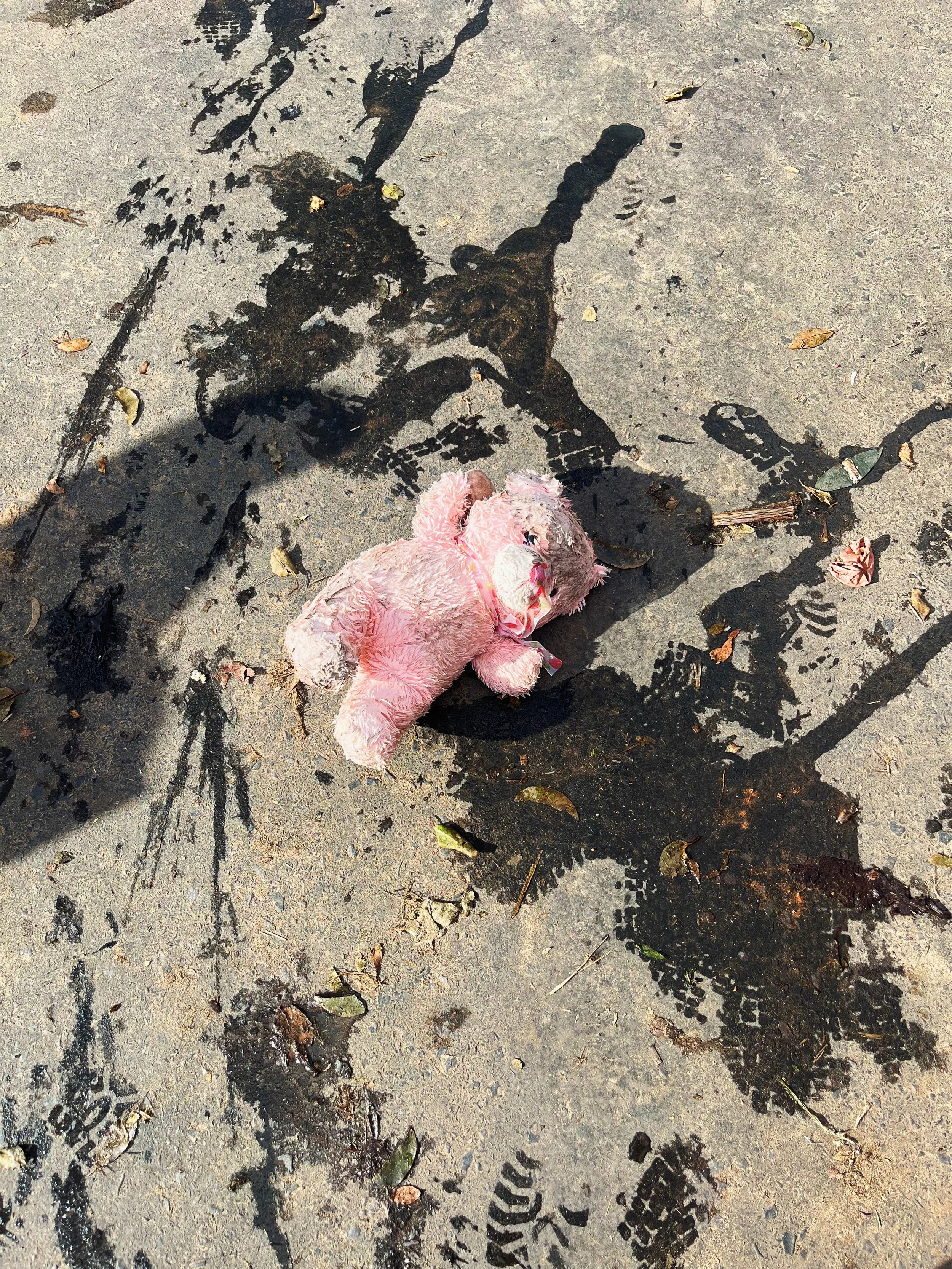 A pink teddy bear lying on a concrete sidewalk with streaks of wet oil and scattered leaves, surrounded by shoe and boot prints.