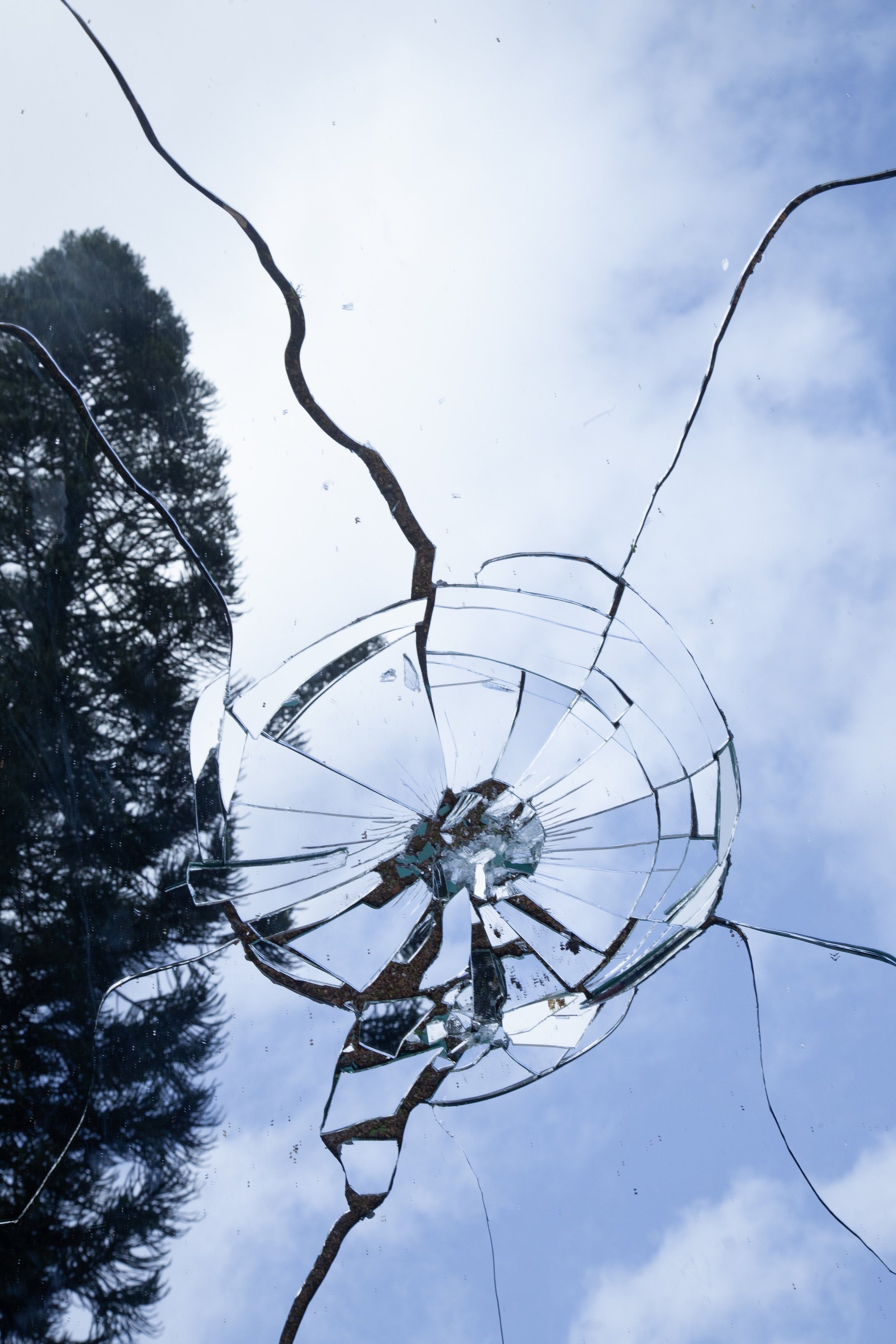 A shattered mirror reflecting the sky and a tree with cloudy weather.
