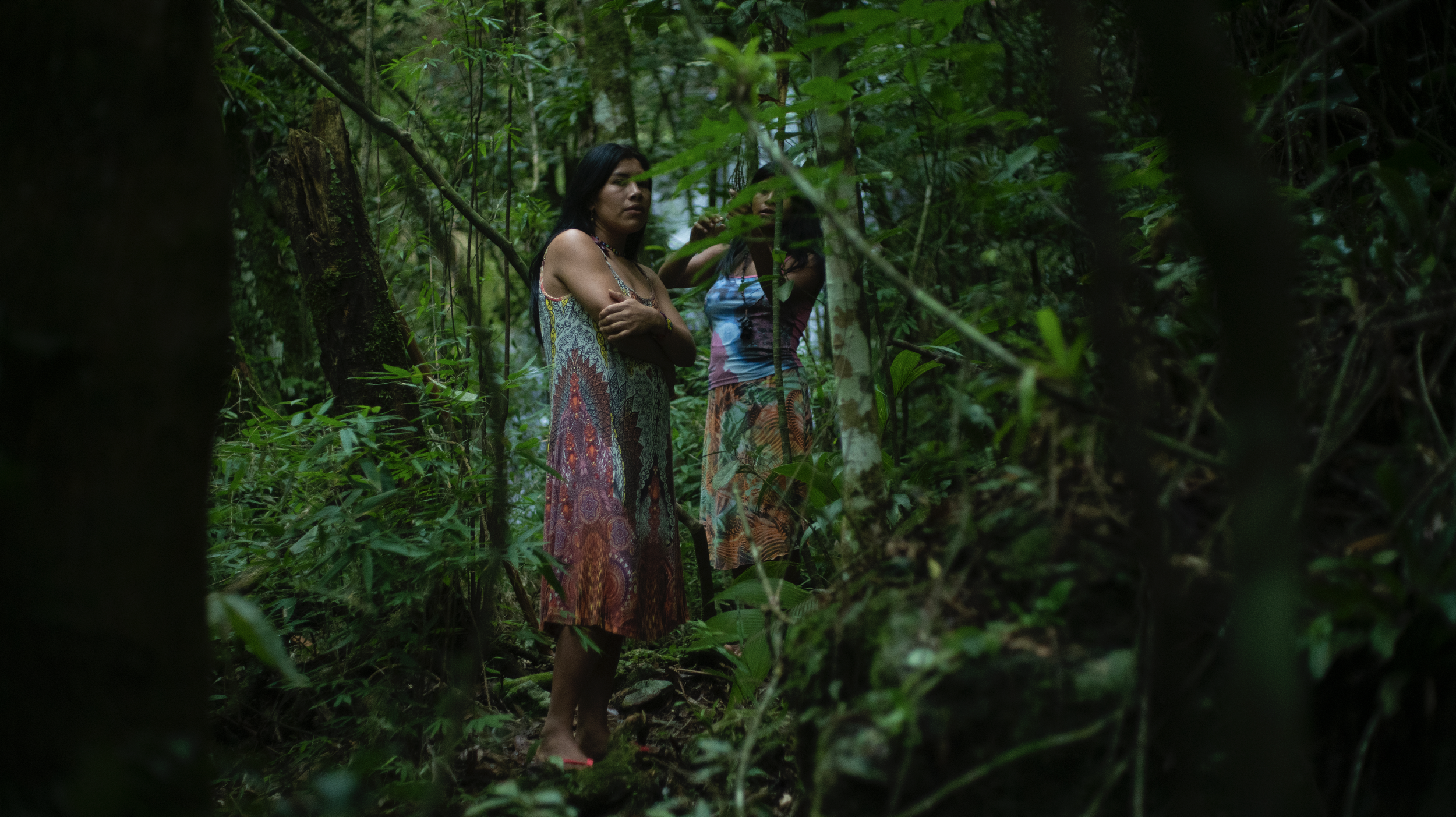 Two women in colorful dresses standing in a dense green jungle environment, partially obscured by foliage.
