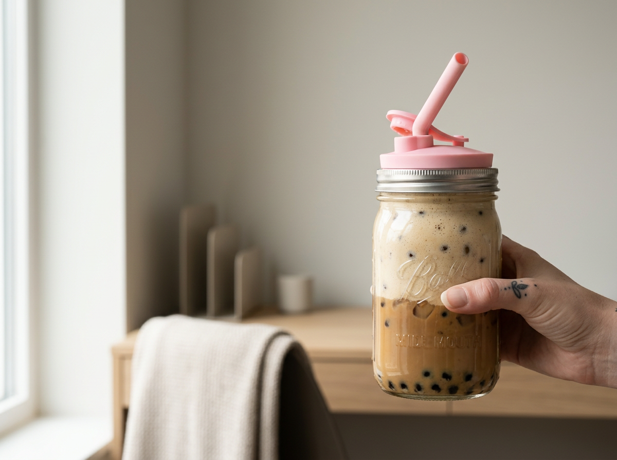 Close-up of a hand holding a glass mason jar filled with iced coffee and black tapioca pearls. The jar has a pink silicone lid with a straw, and is set against a minimalist indoor background.