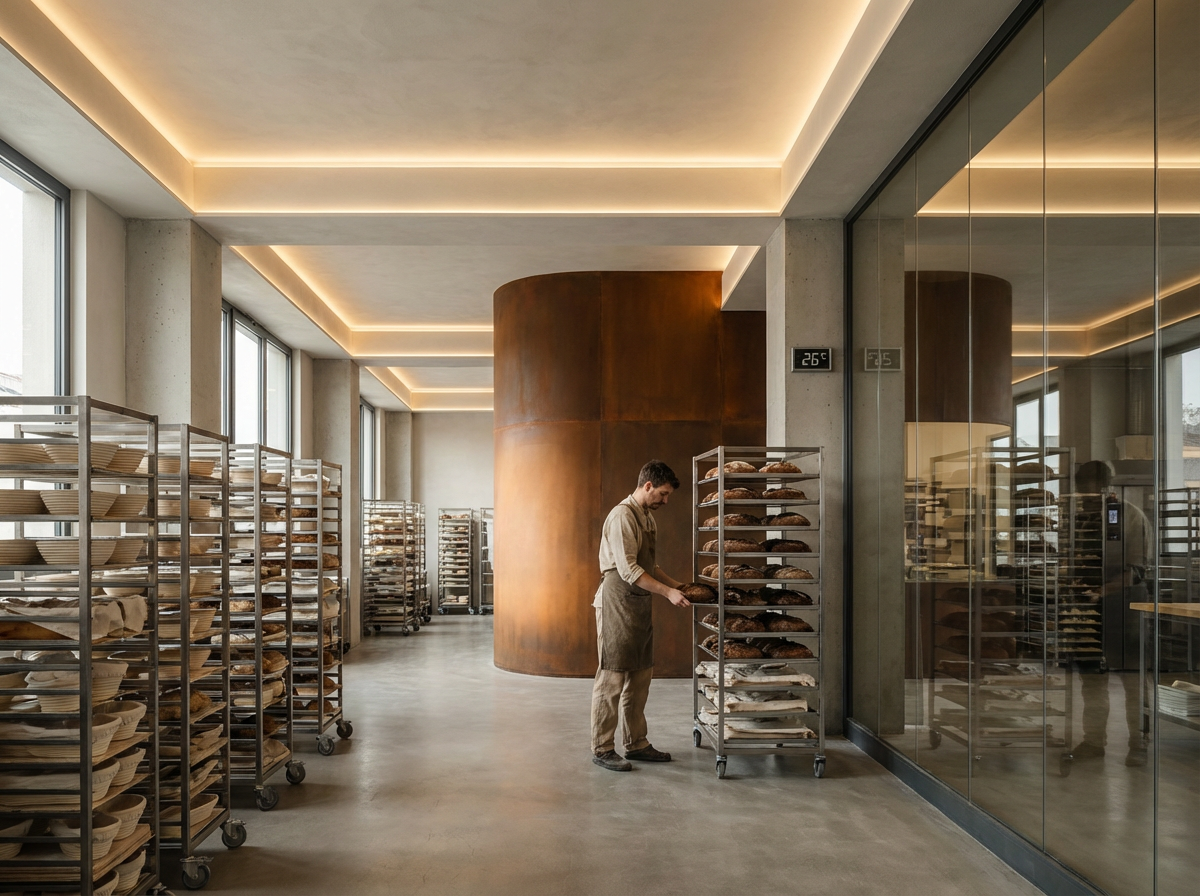 A man in chef attire inspecting trays of baked goods on a rolling rack inside a modern, industrial-style bakery or kitchen with large windows and minimalist design.
