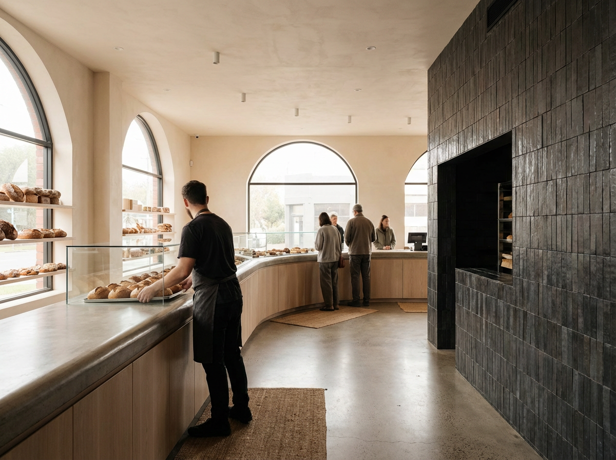 Interior of a bakery with shelves of bread on the left, customers ordering at the counter in the background, and a tiled black wall on the right.