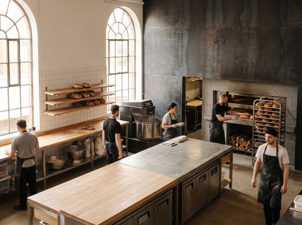Bakery kitchen with bakers handling bread and pastries, shelves filled with loaves, large windows, industrial oven, and wood-fired oven in the background.