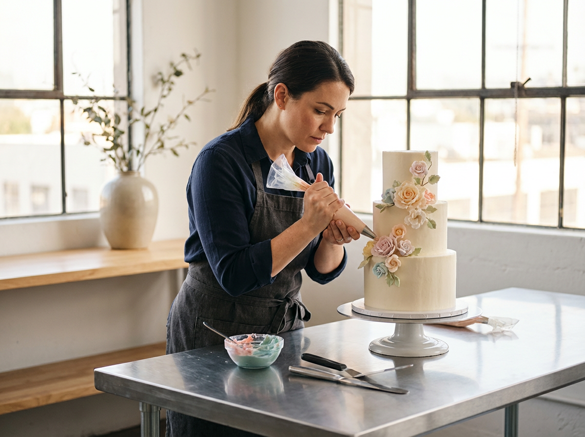 A woman in a dark blue shirt and gray apron decorates a tall, layered wedding cake with pastel-colored flowers in a bright kitchen studio.