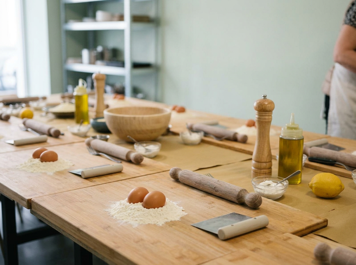 A kitchen table set up for a baking class with flour, eggs, rolling pins, and other baking supplies.