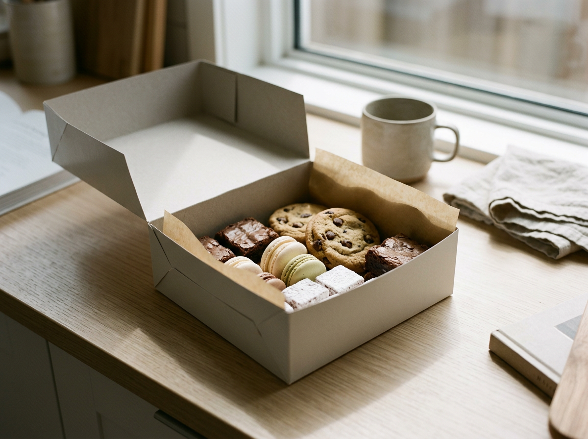 Open box of assorted cookies, macarons, and brownies on a wooden table near a window.