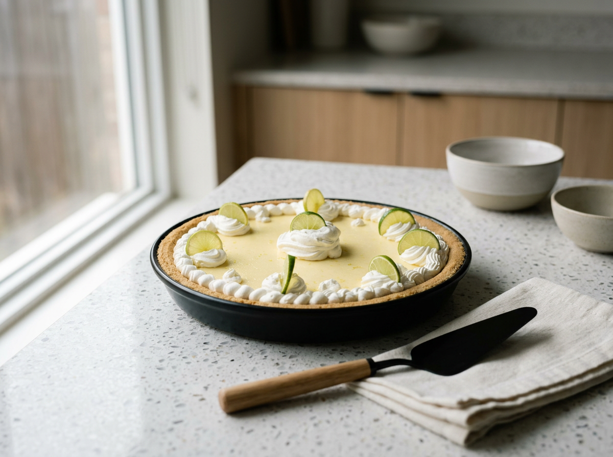 Lemon pie on a black plate with lime slices and whipped cream decorations, placed on a speckled white countertop with a kitchen background and a cloth and cake server nearby.