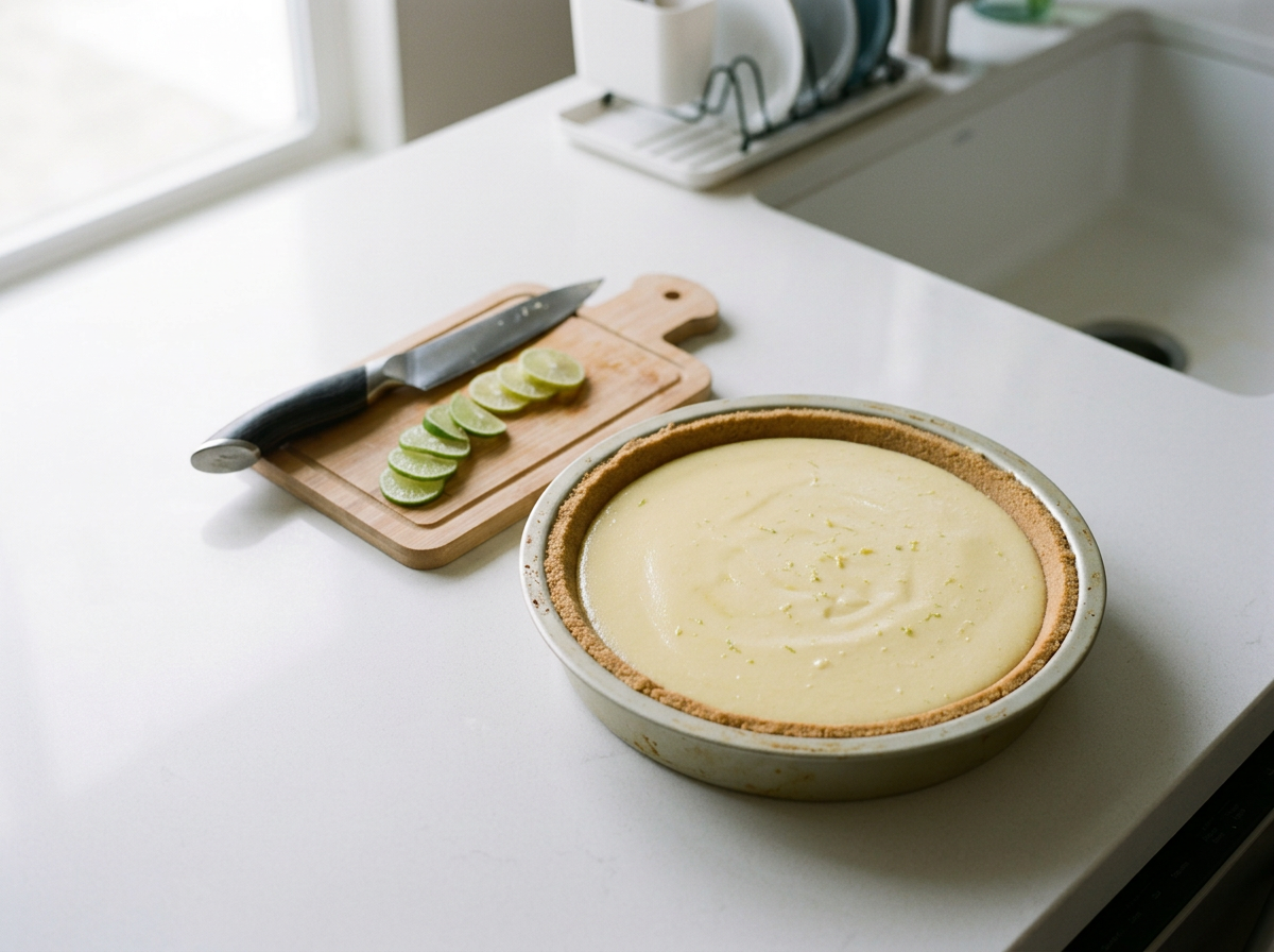 Lemon key lime pie in a pie dish with a graham cracker crust, a wooden cutting board with sliced lime and a knife, in a kitchen with a white countertop and dish rack.