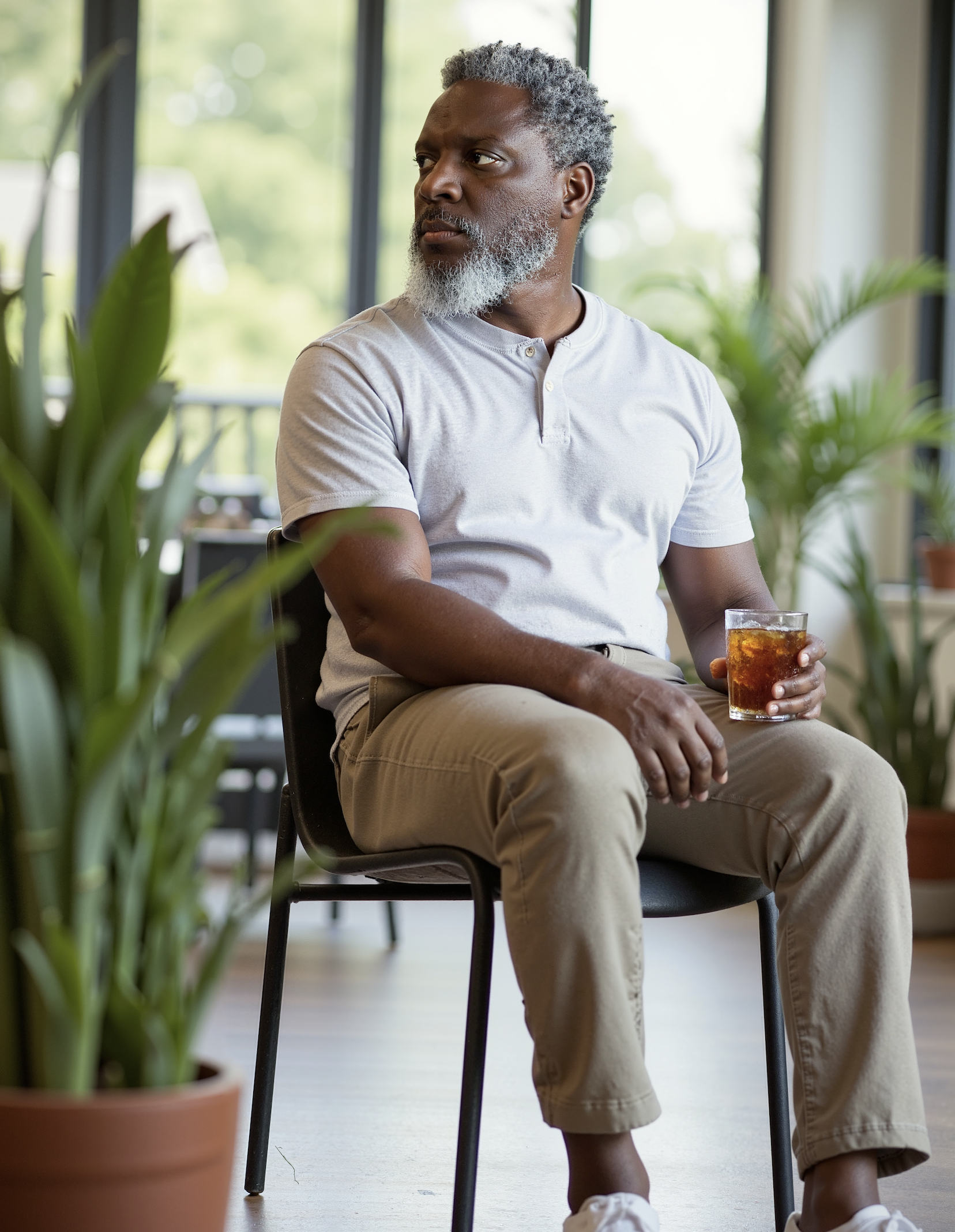 A man with gray hair and a beard, wearing a light beige shirt and khaki pants, sitting in a modern indoor space with large windows and green plants. He is holding a glass of iced tea.