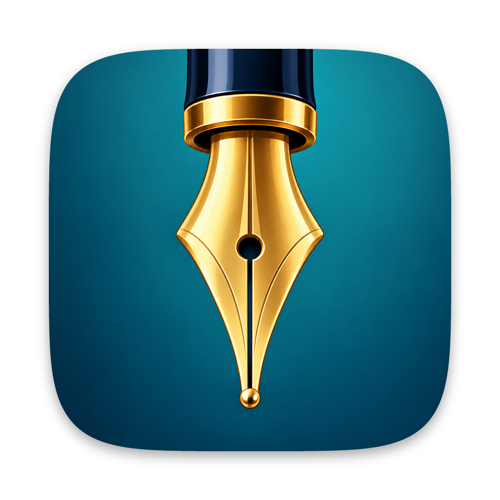 Close-up of a gold fountain pen nib against a teal background.