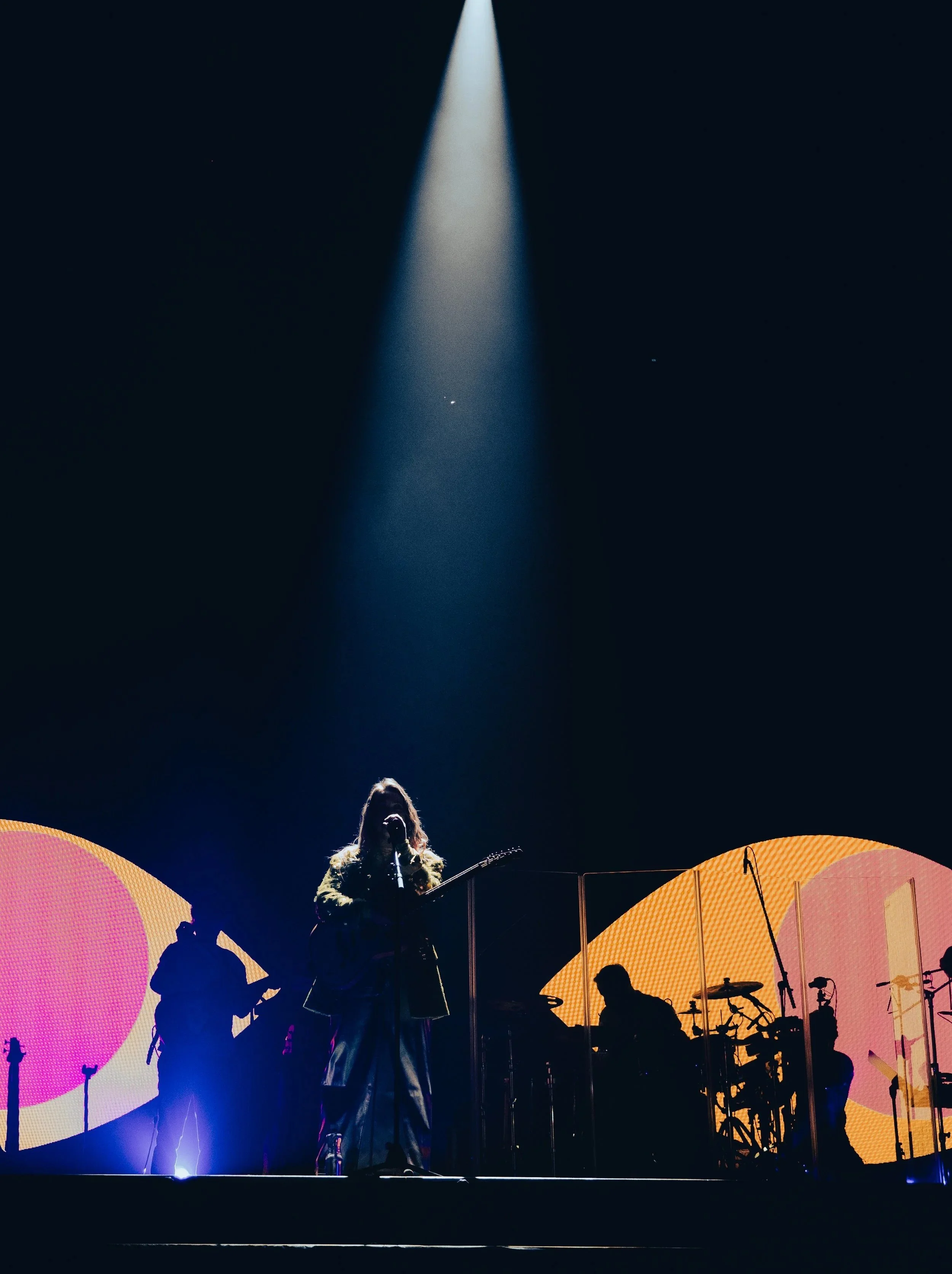A live music performance on stage with a female singer holding a microphone and a guitar, silhouetted against colorful circular backdrops and bright stage lighting.