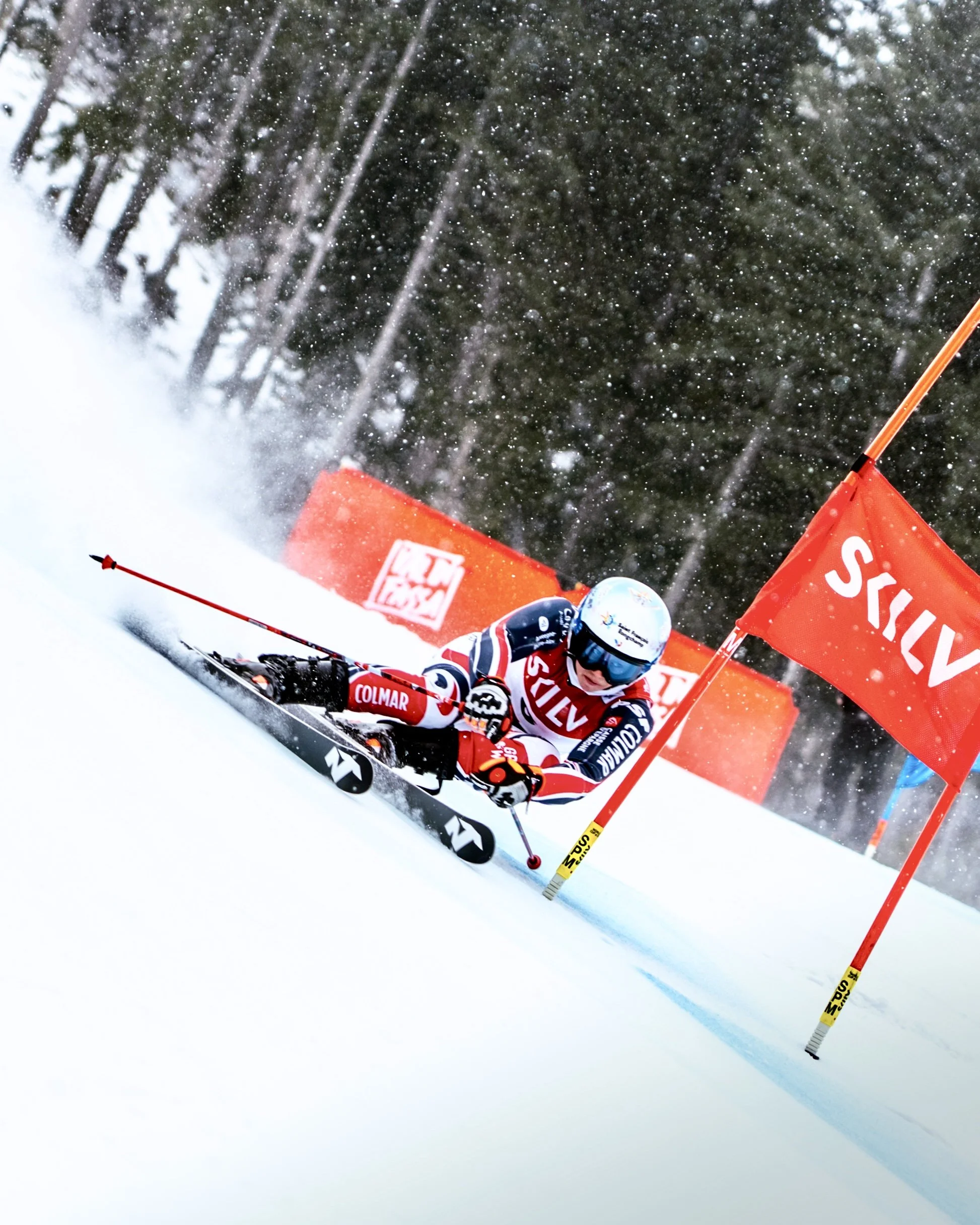A skier in racing gear and helmet navigates through a GS course on snow-covered terrain.