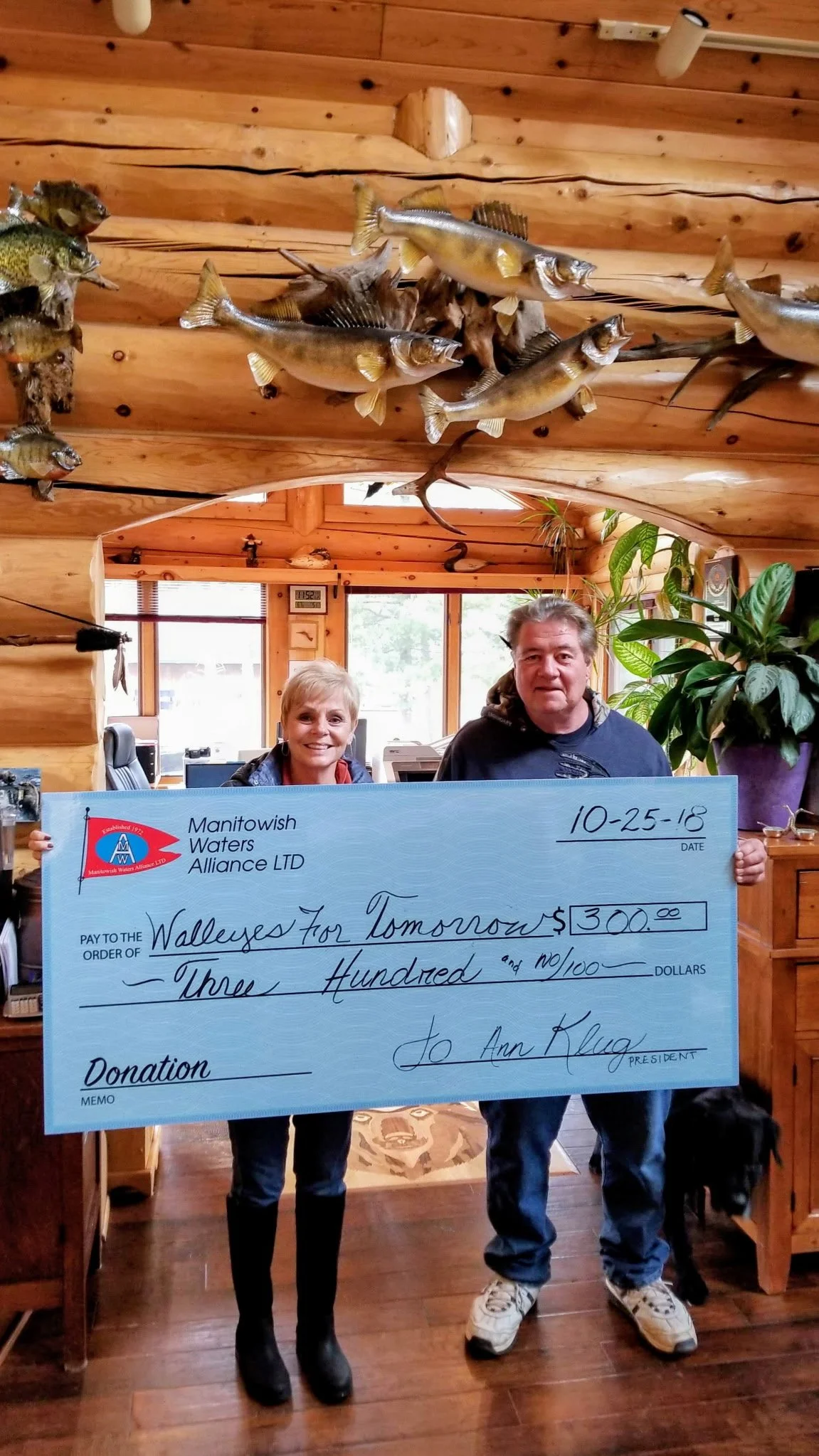 Two people hold a $300 donation check from Manitowish Waters Alliance Ltd. inside a rustic log cabin with mounted fish and deer antlers.