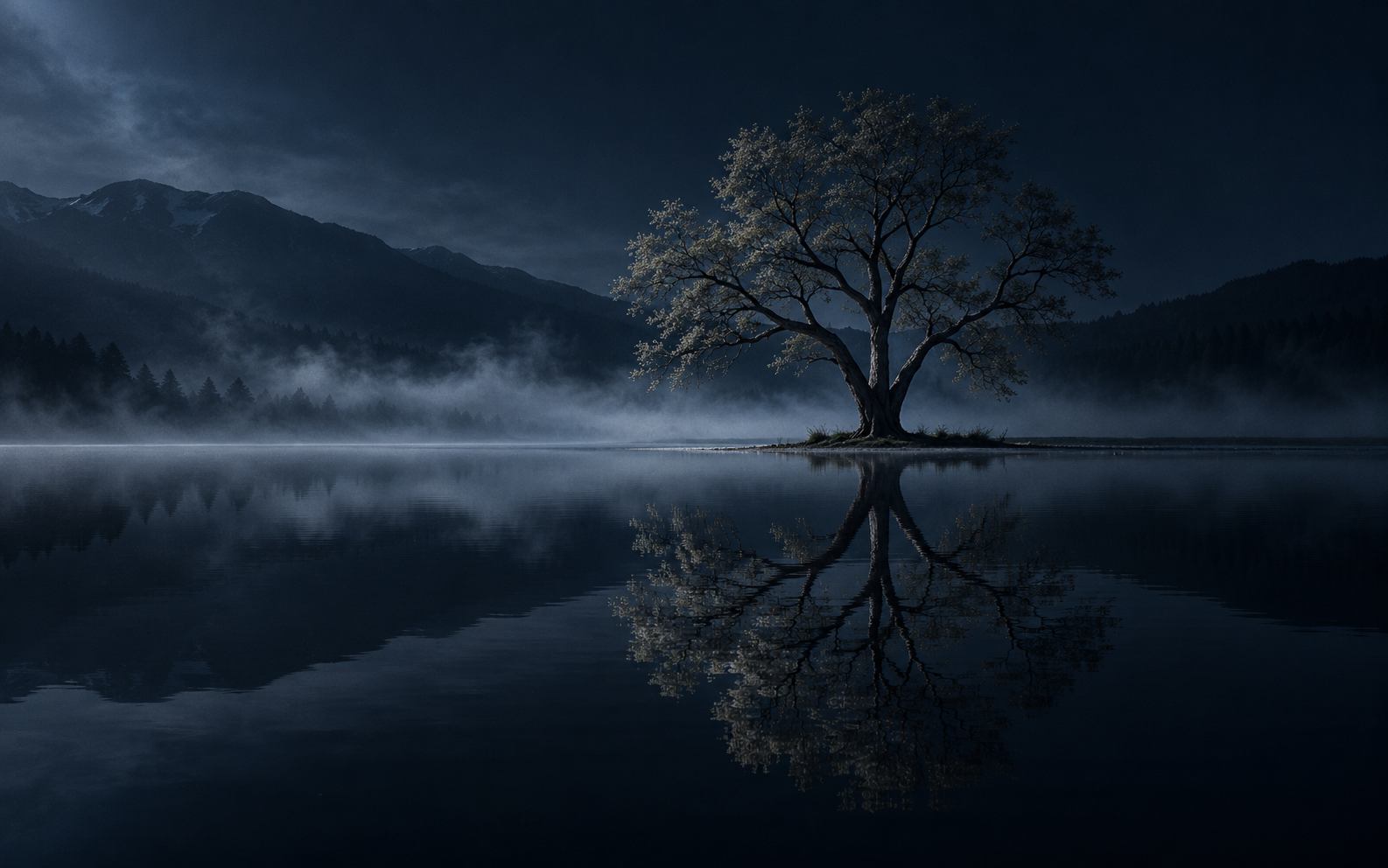A solitary tree with budding leaves on a small island, reflected in a calm lake under a dark, cloudy night sky, with mountains and a forest in the background.