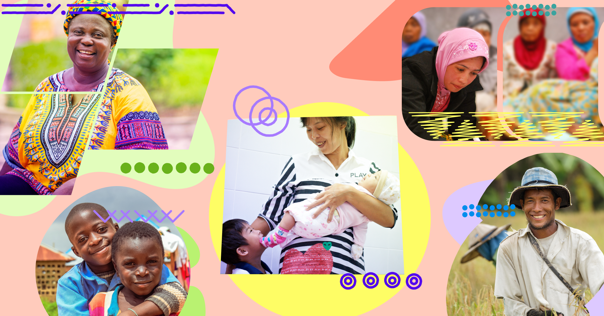 Collage of diverse people, including a smiling woman in colorful traditional attire, children and adults in a community setting, a woman caring for a baby, and a man in a hat, all set against a colorful, abstract background.