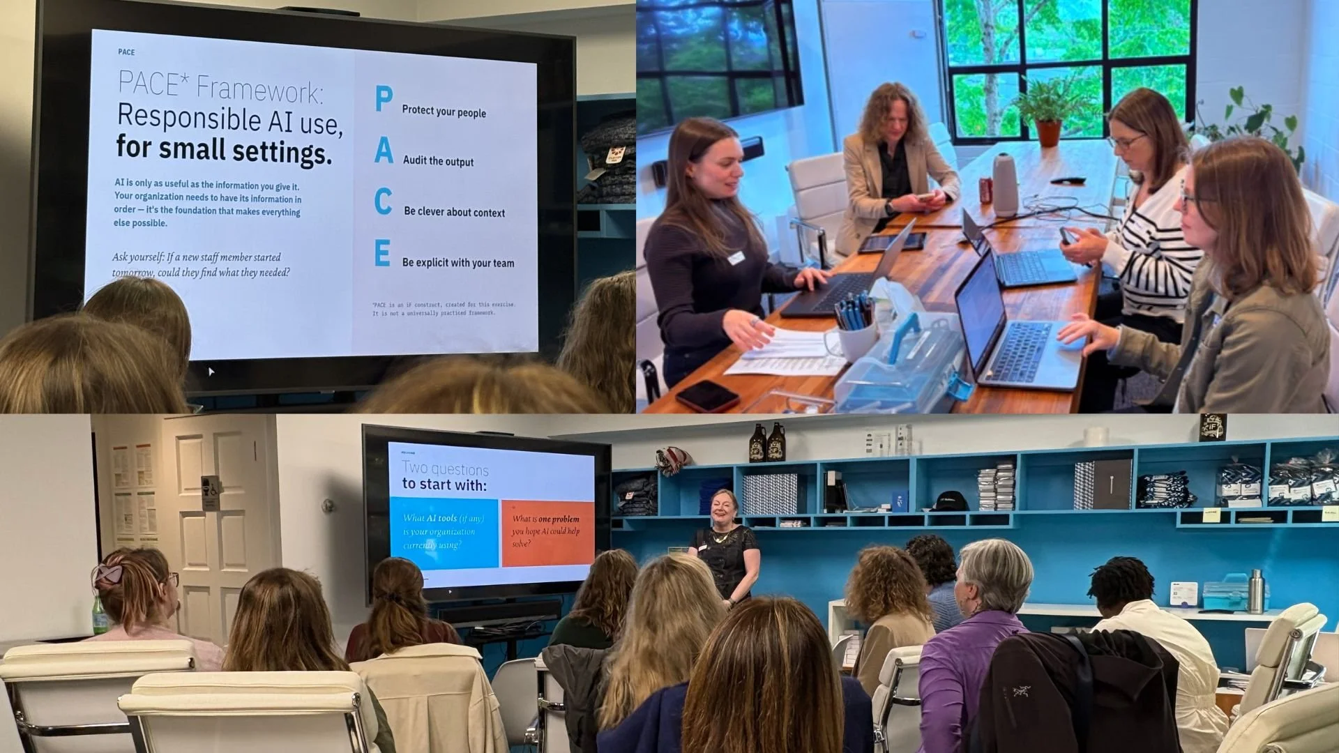 A collage of three images showing a professional workshop or training session. The first image features a large screen with a presentation titled 'PACE* Framework: Responsible AI use, for small settings.' The second image captures a group of women sitting at a conference table with laptops, engaged in discussion. The third image depicts a woman standing in front of a seated audience with a large screen behind her, speaking to participants in a bright, modern room.