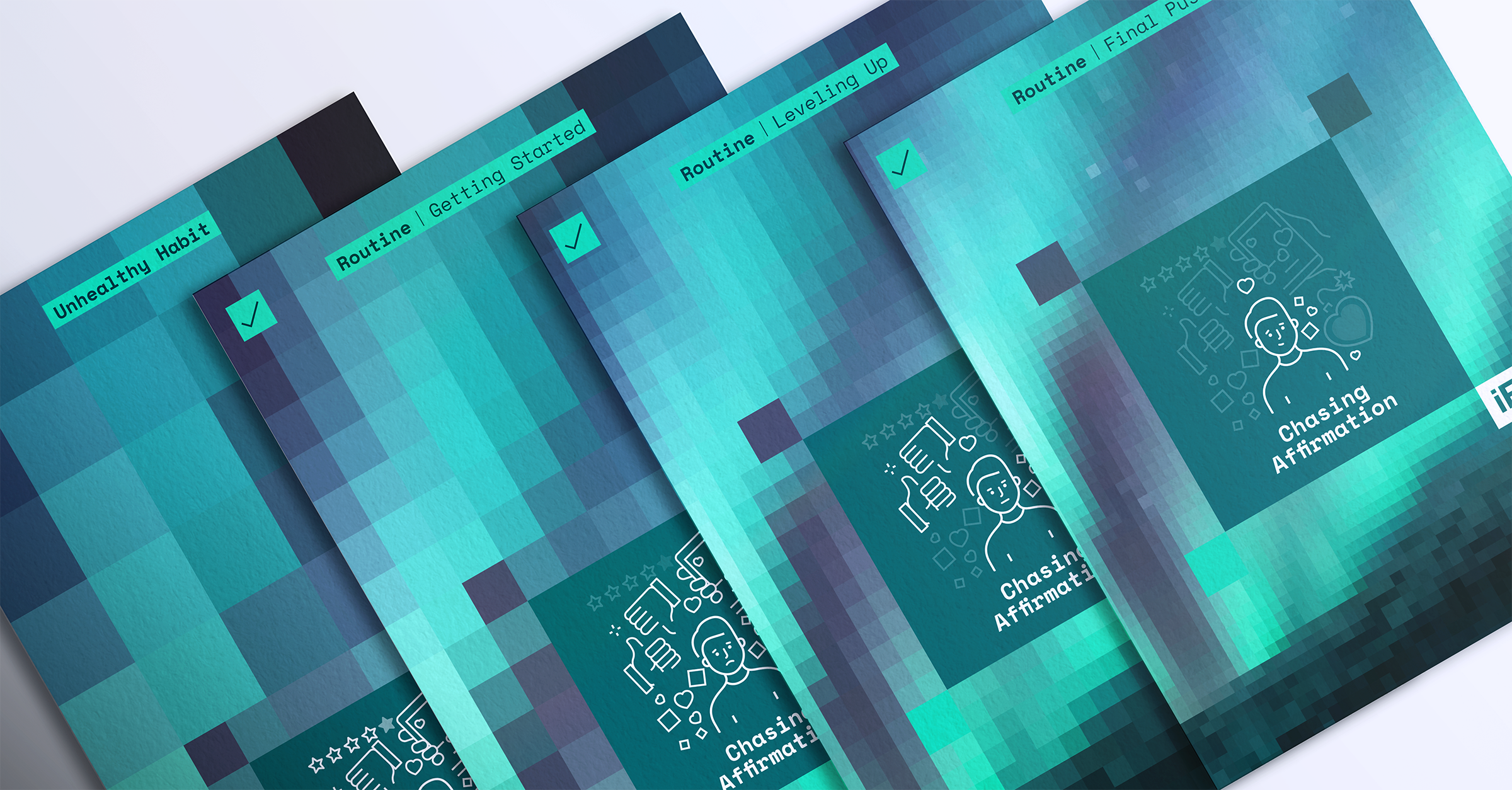Series of digital book covers with titles related to habits and routines, featuring a teal and blue pixelated background and minimalistic white line illustrations of a person and affirmations.