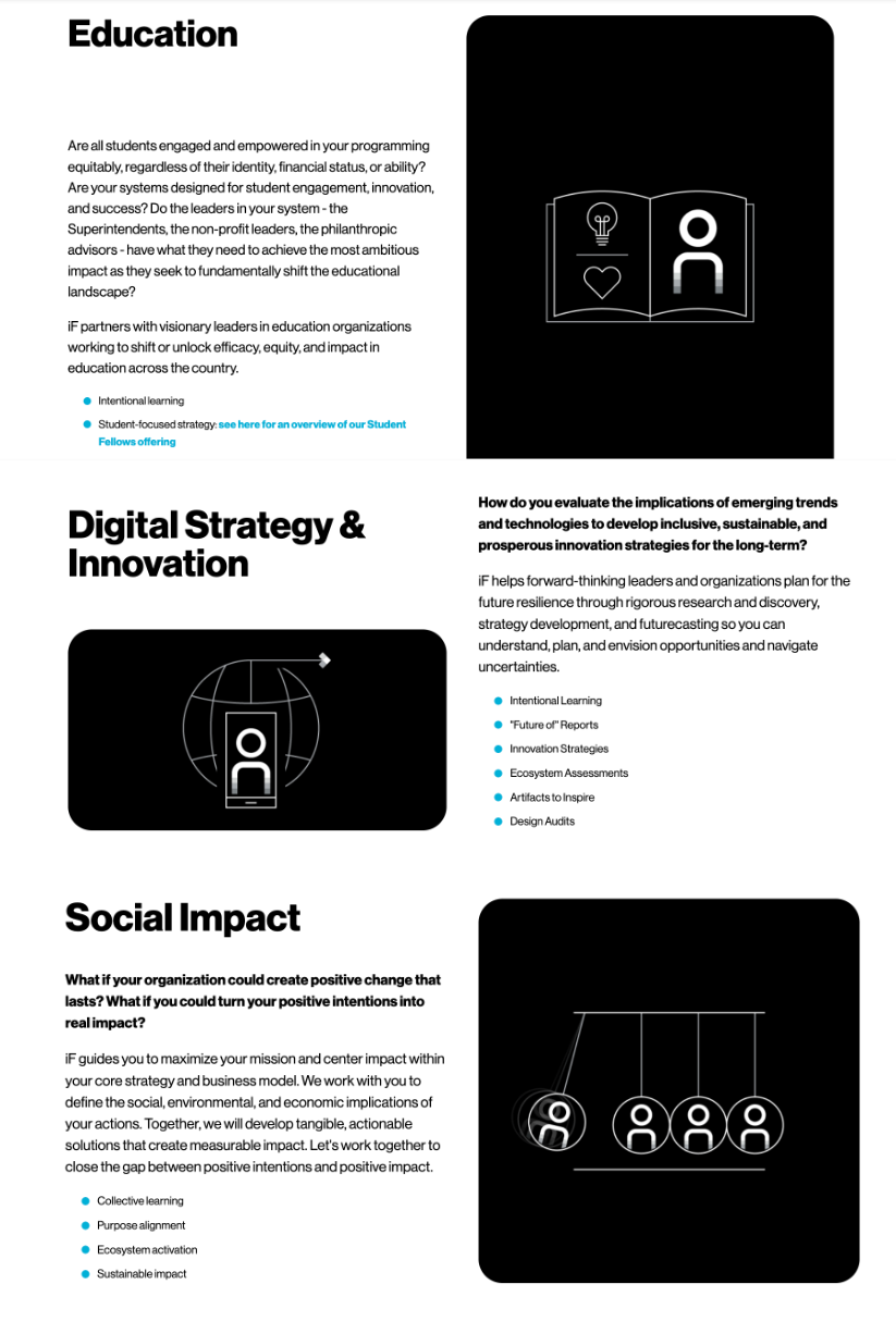Educational infographic with three sections: 'Education', 'Digital Strategy & Innovation', and 'Social Impact'. Each section includes text and icons representing concepts like engagement, strategy, and social change.