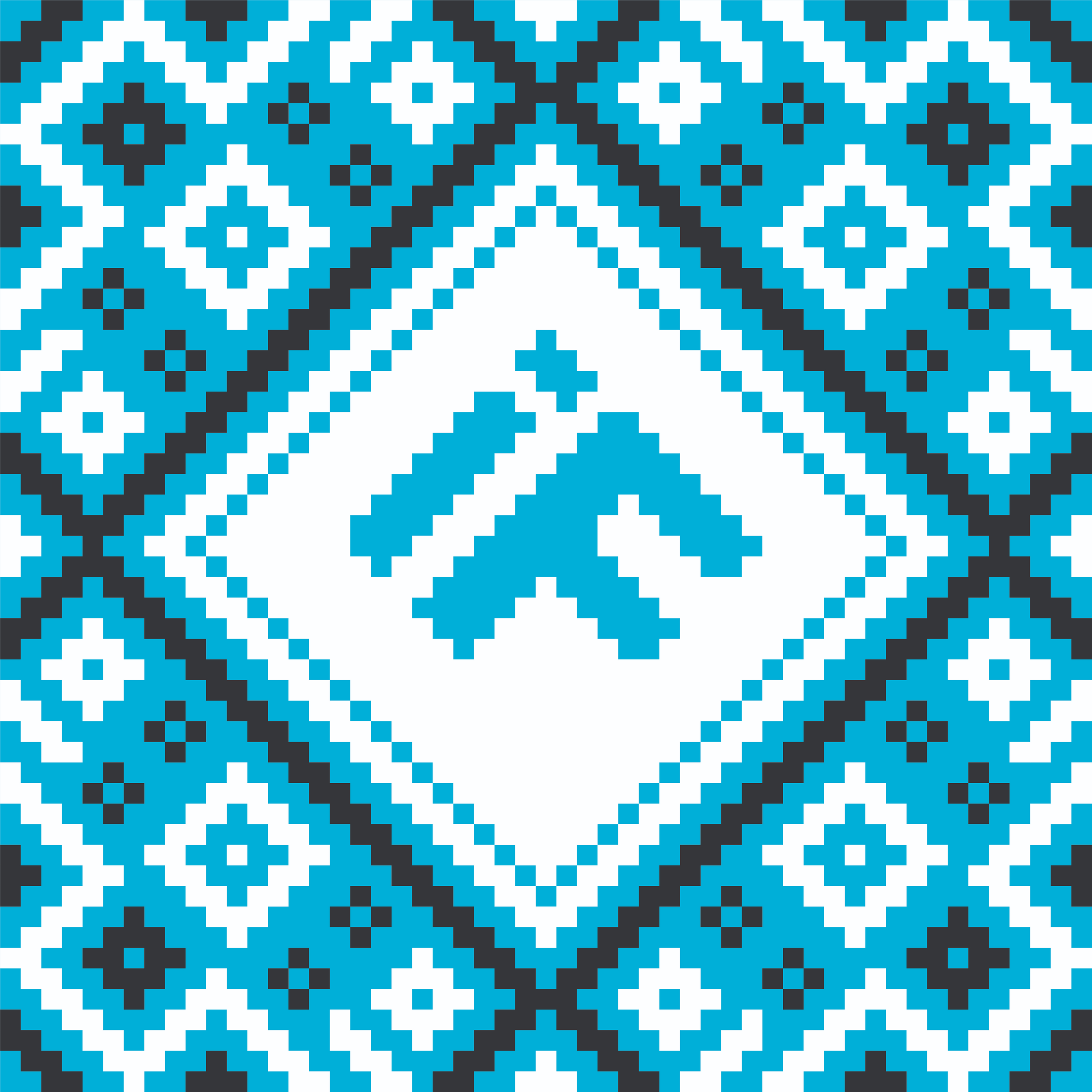 A blue, white, black, and gray pixelated pattern with geometric shapes forming symmetrical designs.
