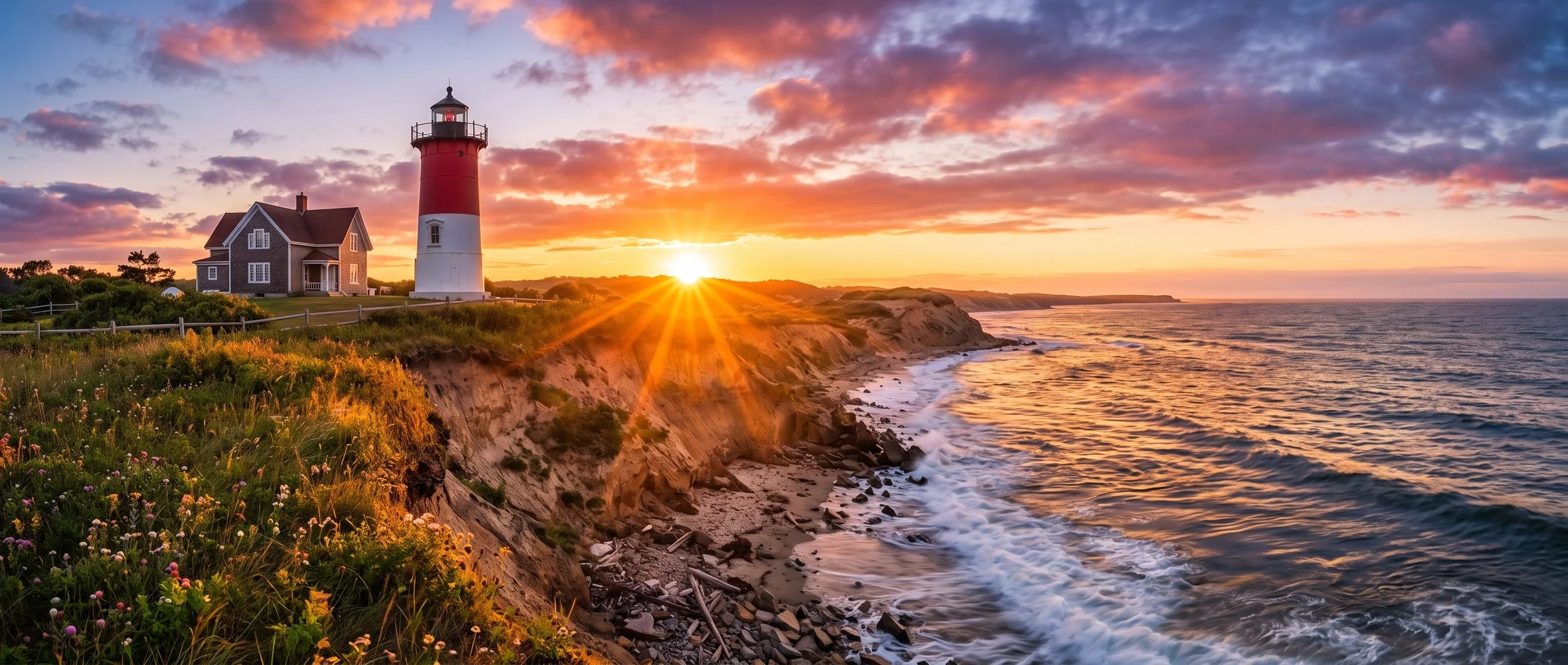 Red-and-white lighthouse and gray coastal cottage overlooking a rocky beach and ocean at sunset