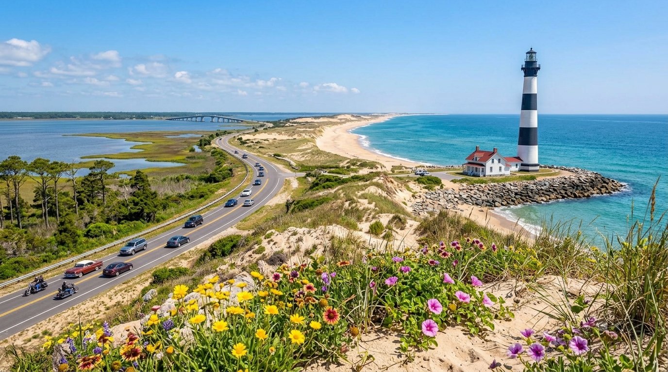 Black-and-white striped lighthouse beside a sandy beach, coastal highway, bridge, dunes, and colorful wildflowers