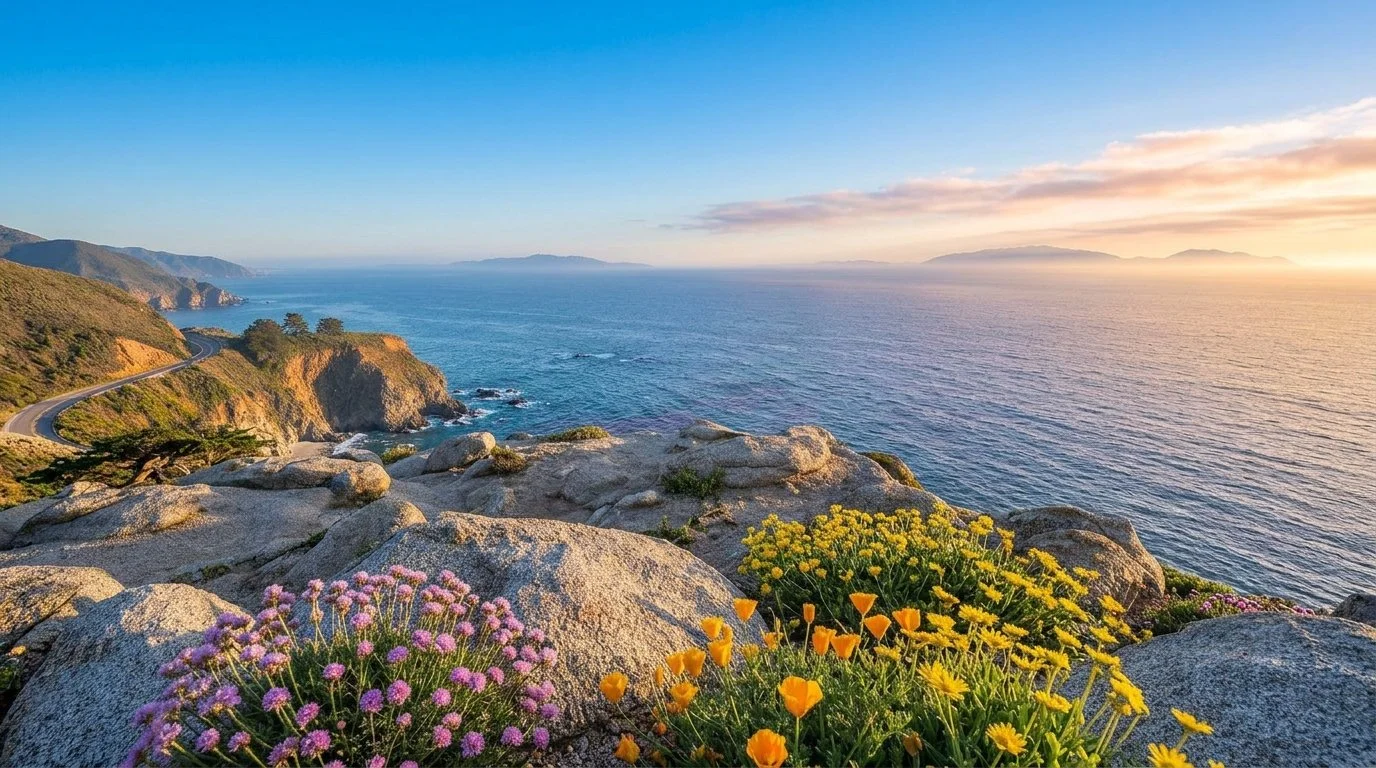 Scenic coastal highway winding along rocky cliffs above the Pacific Ocean, with colorful wildflowers and granite rocks at sunset.