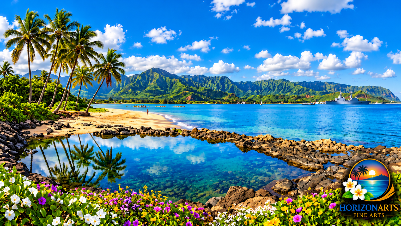 Tropical Hawaiian beach with palm trees, turquoise tide pool, volcanic rocks, lush mountains, boats, and colorful flowers