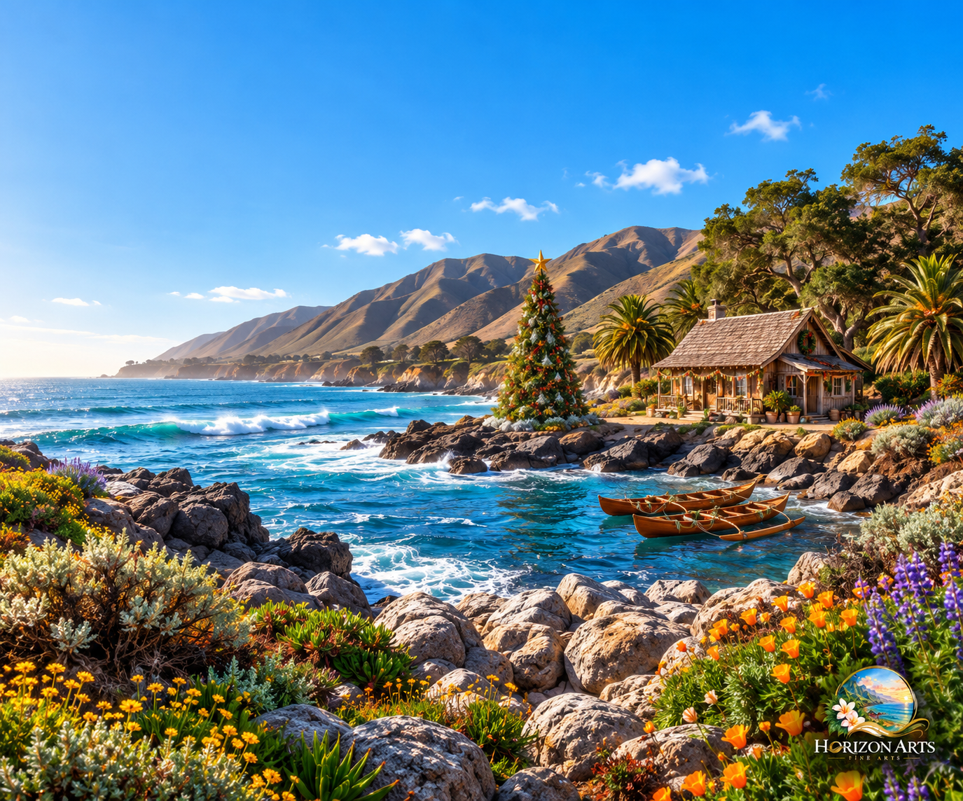 Coastal holiday scene with a decorated Christmas tree, rustic cabin, wooden boats, wildflowers, turquoise ocean, and mountains