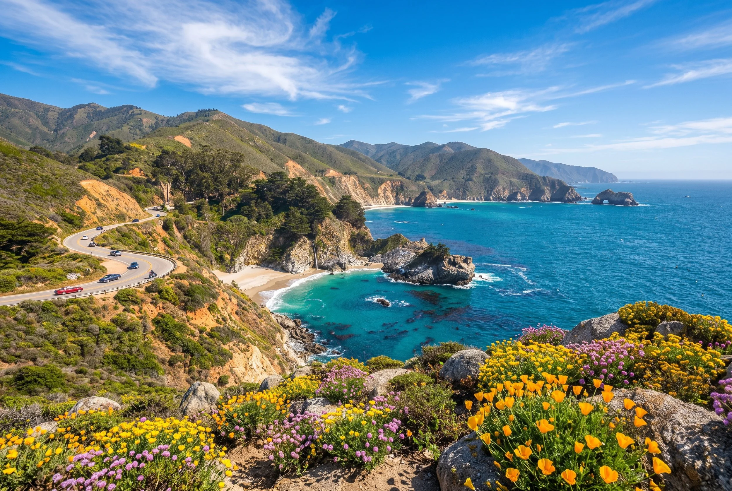 Scenic California coastline with a winding coastal highway, rugged mountains, turquoise ocean, sea arches, and colorful wildflowers.