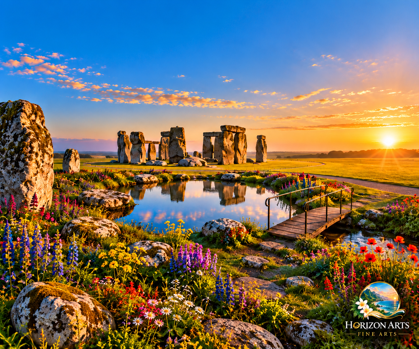 Stonehenge at sunset beside a flower-filled pond with a wooden footbridge and blooming wildflowers.